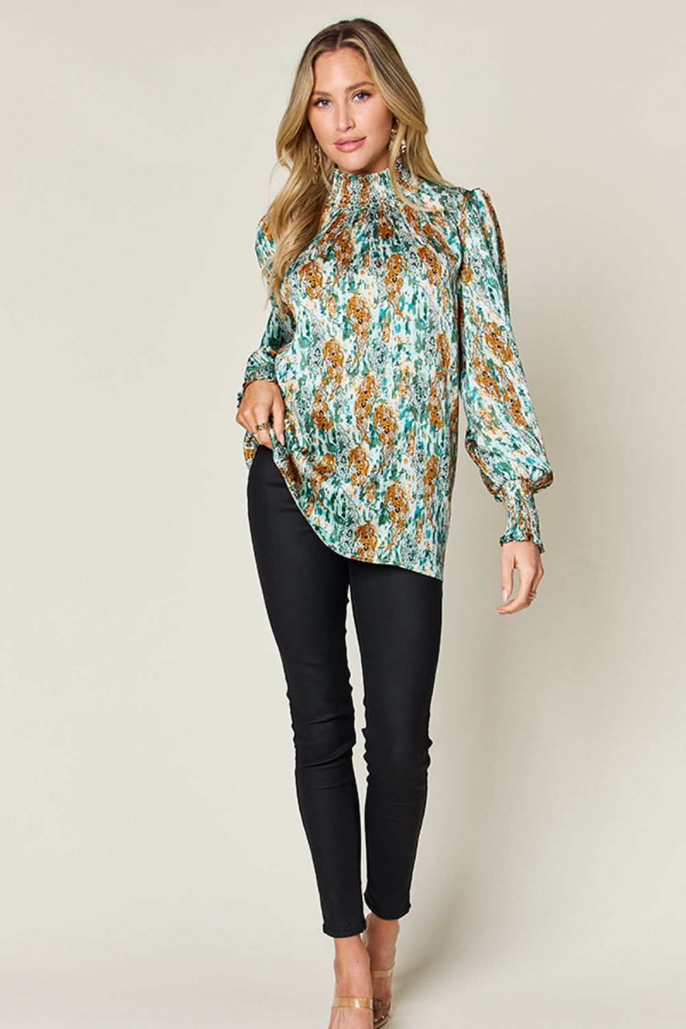 Double Take Full Size Printed Smocked Long Sleeve Blouse - EkaVibe