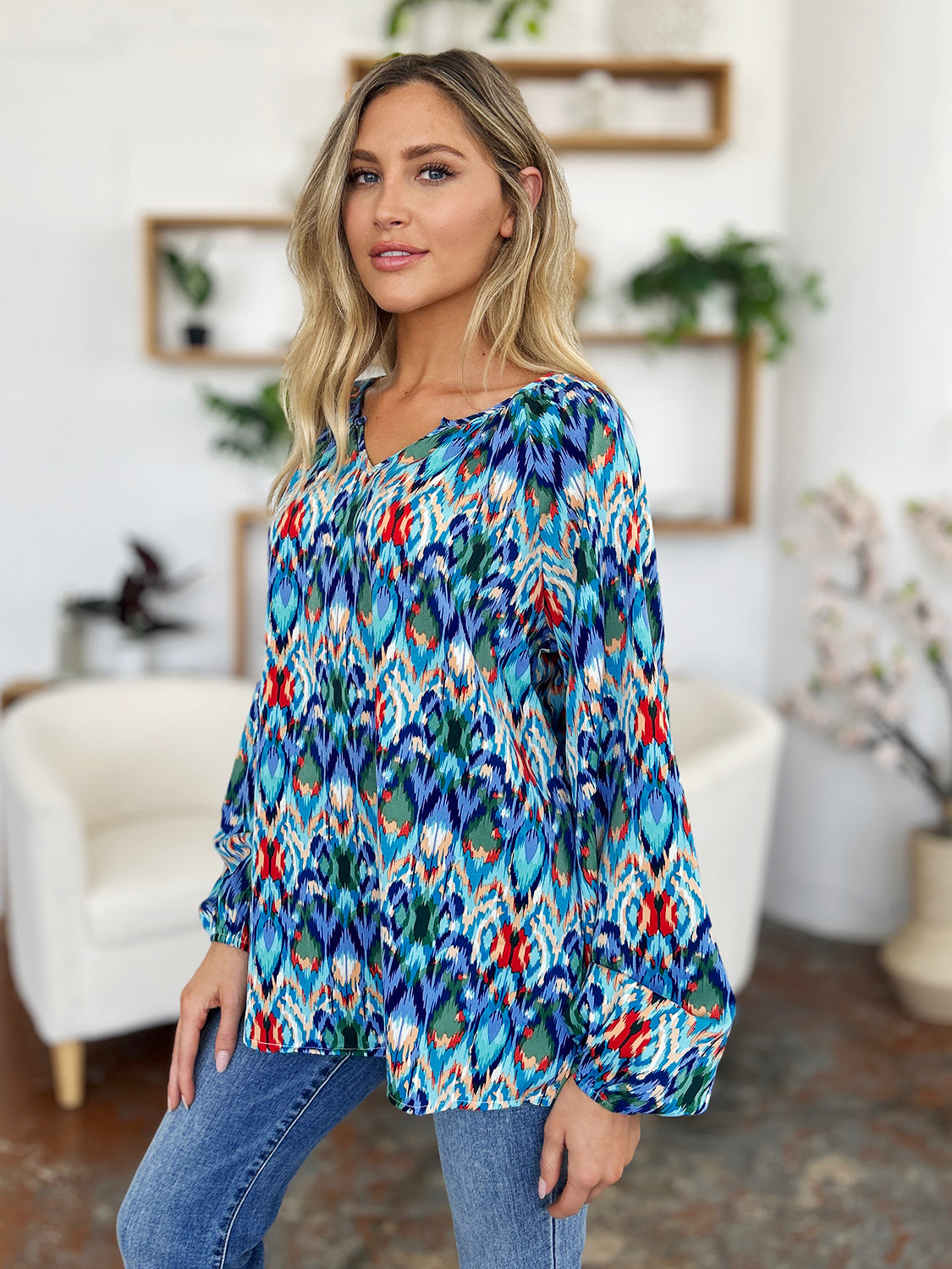 Double Take Full Size Printed Balloon Sleeve Blouse - EkaVibe