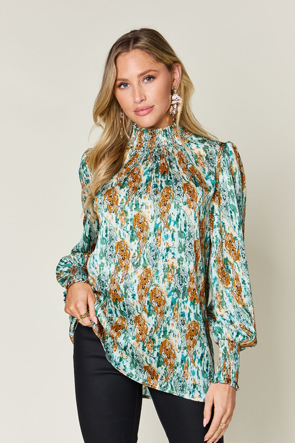 Double Take Full Size Printed Smocked Long Sleeve Blouse - EkaVibe