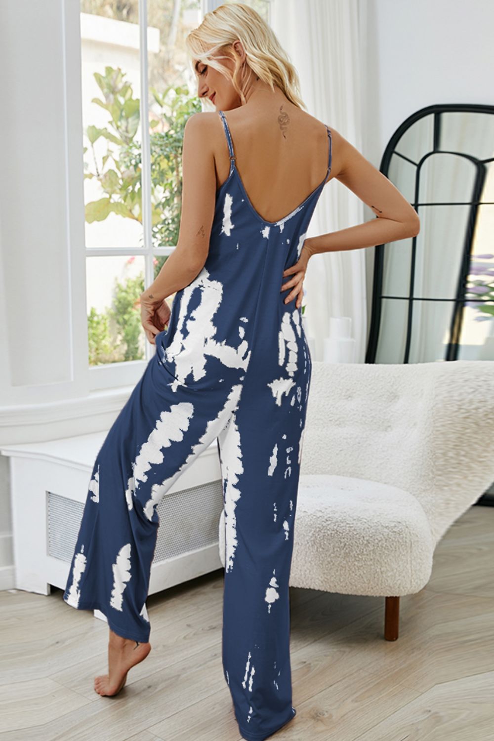 Shiny Tie-Dye Spaghetti Strap Jumpsuit with Pockets - EkaVibe