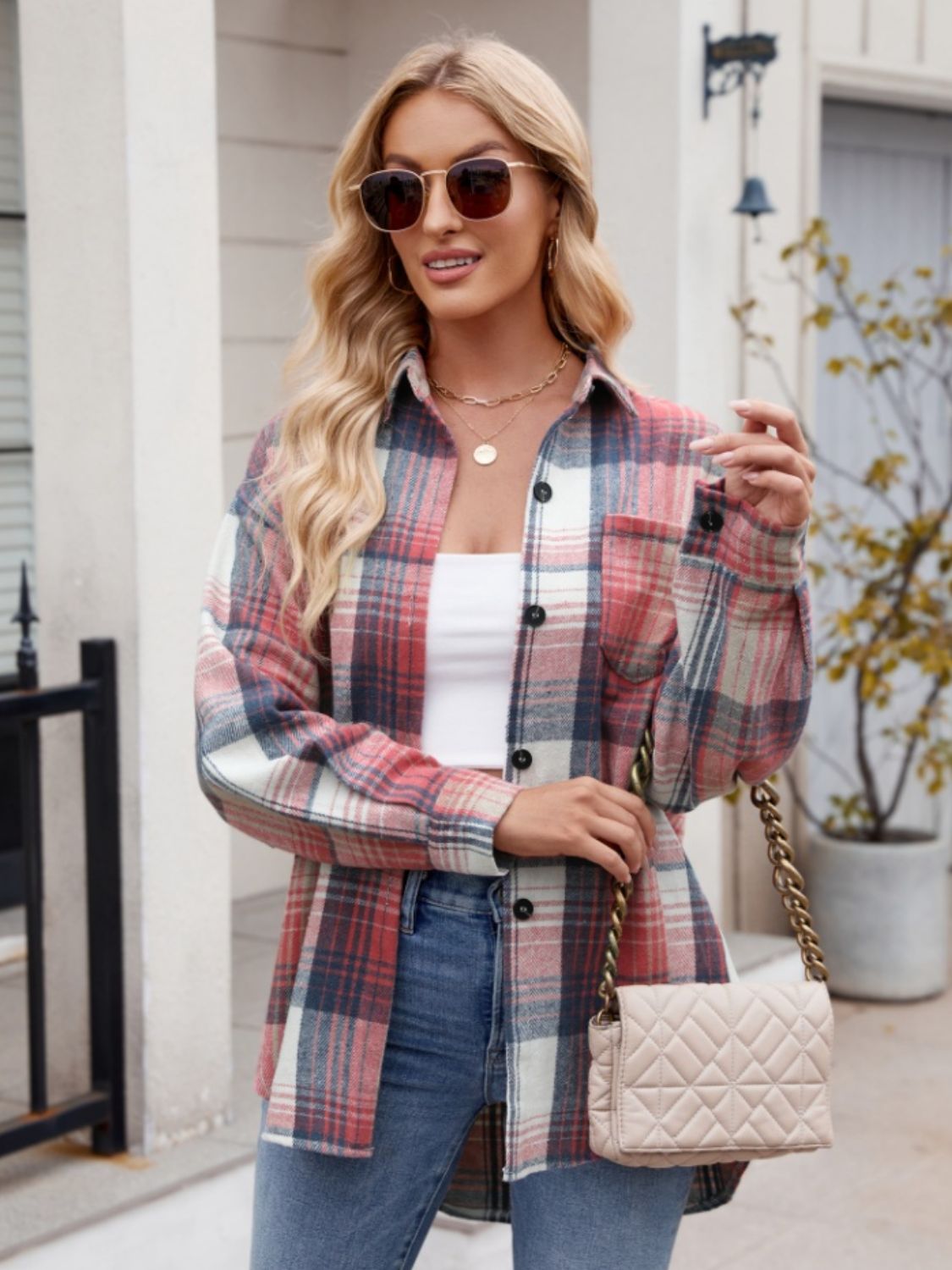 Mandy Pocketed Plaid Collared Neck Long Sleeve Shirt - EkaVibe