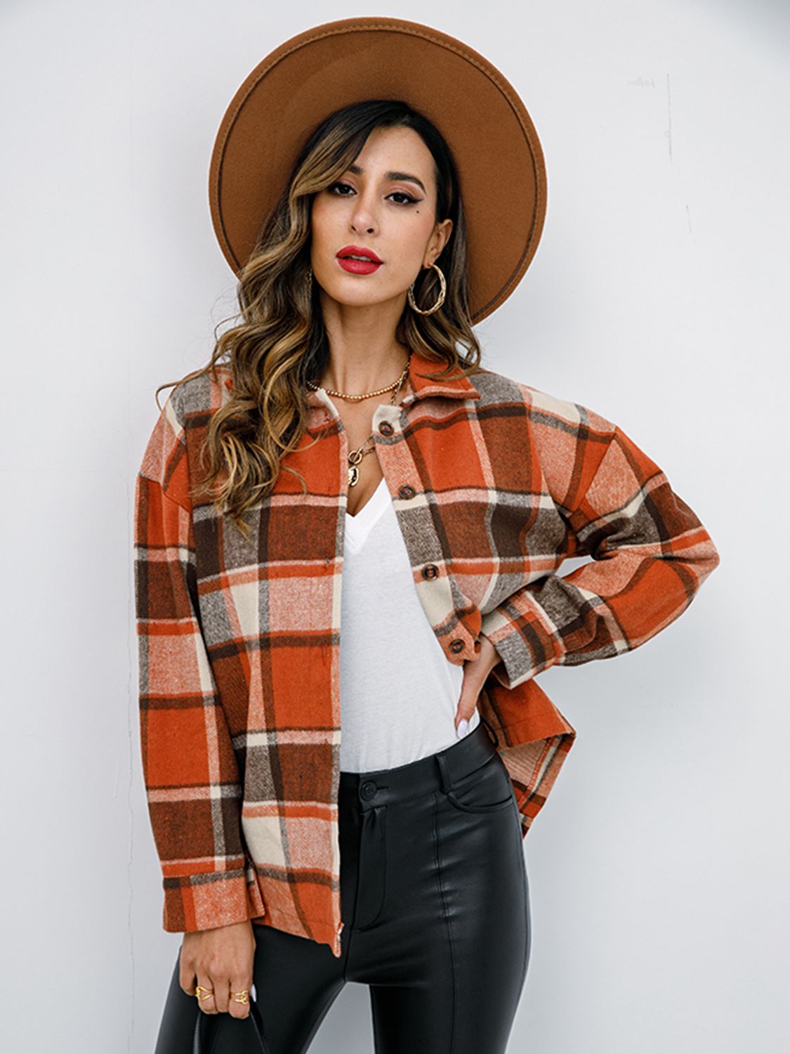 Shiny Plaid Button Up Collared Neck Jacket - EkaVibe