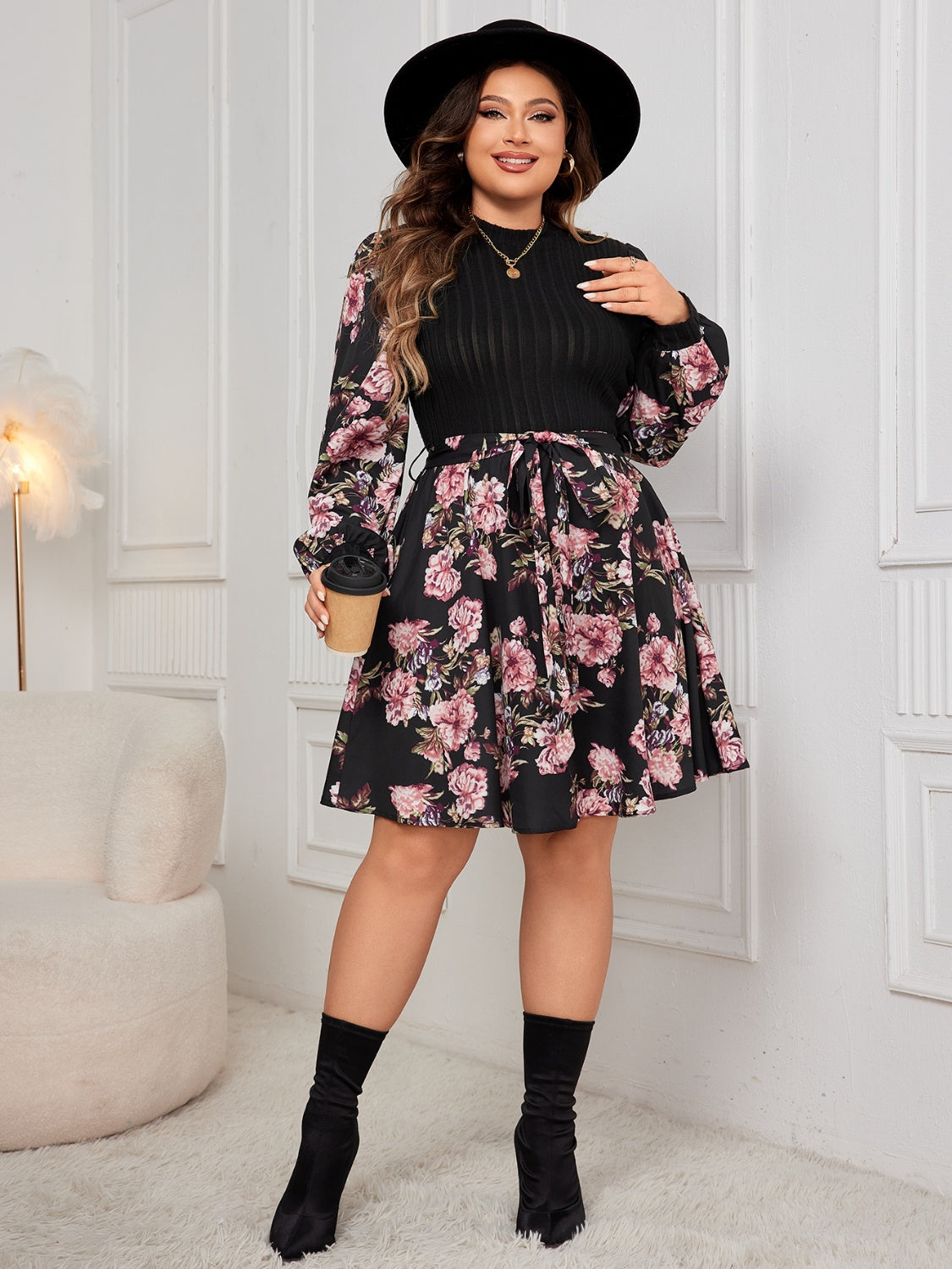 Honey Plus Size Tied Printed Long Sleeve Dress - EkaVibe