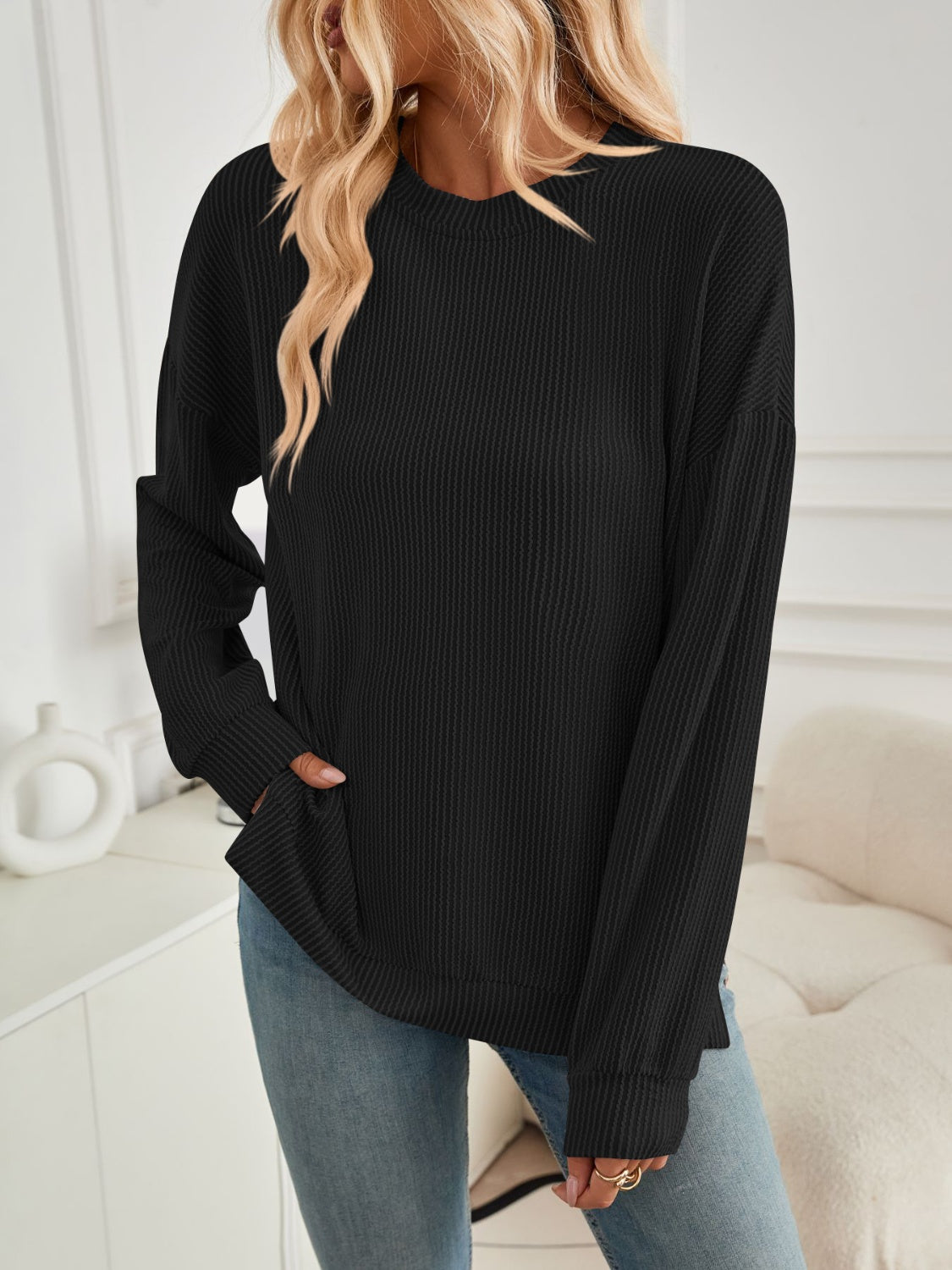 Lovelet Slit Round Neck Long Sleeve Sweatshirt - EkaVibe