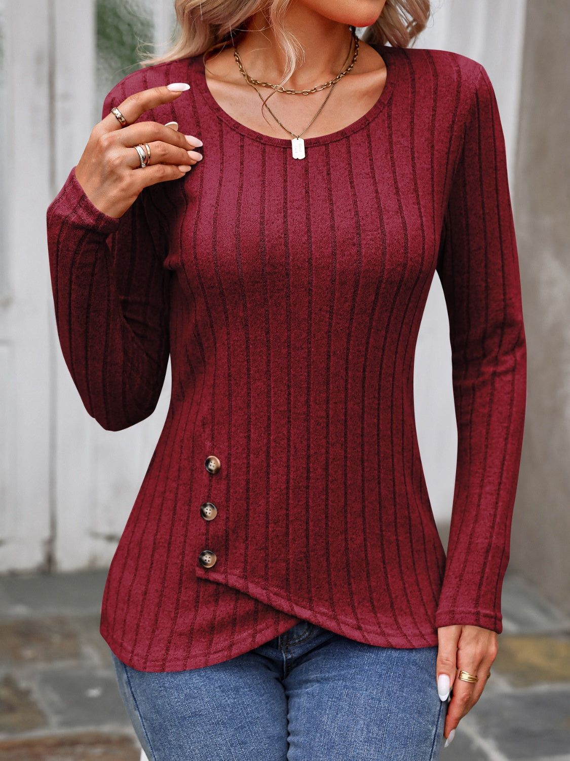 Decorative Button Round Neck Long Sleeve T-Shirt - EkaVibe