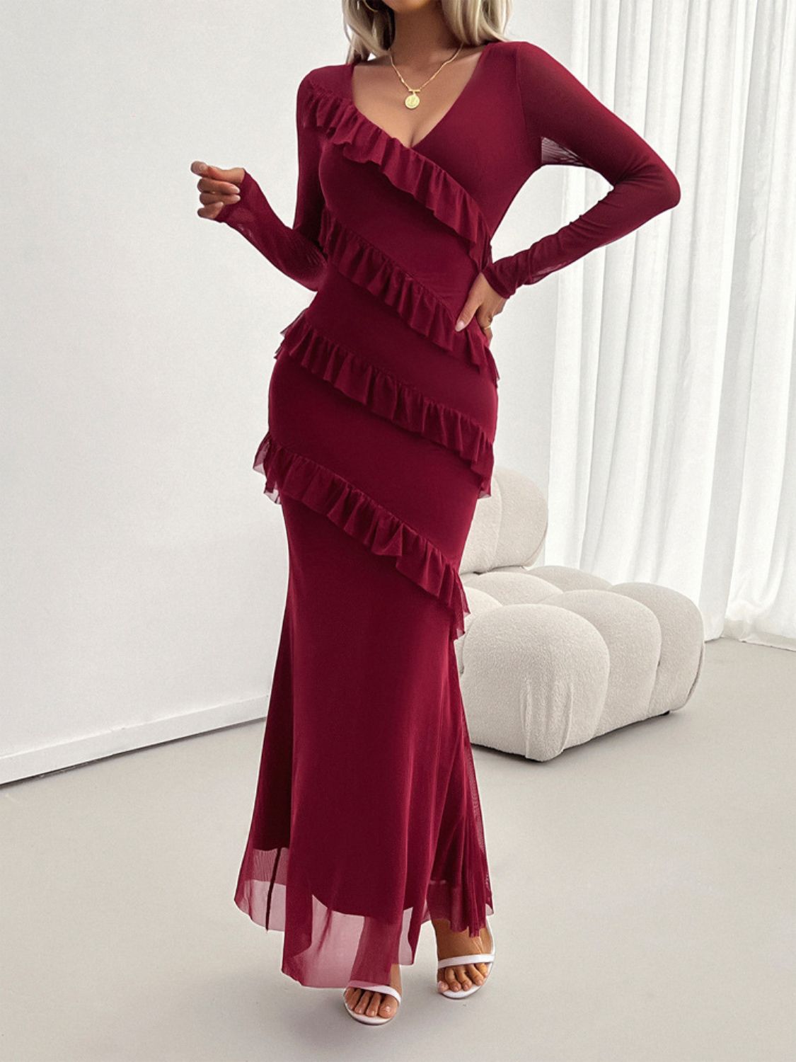 Devine Ruffled Surplice Long Sleeve Maxi Dress - EkaVibe