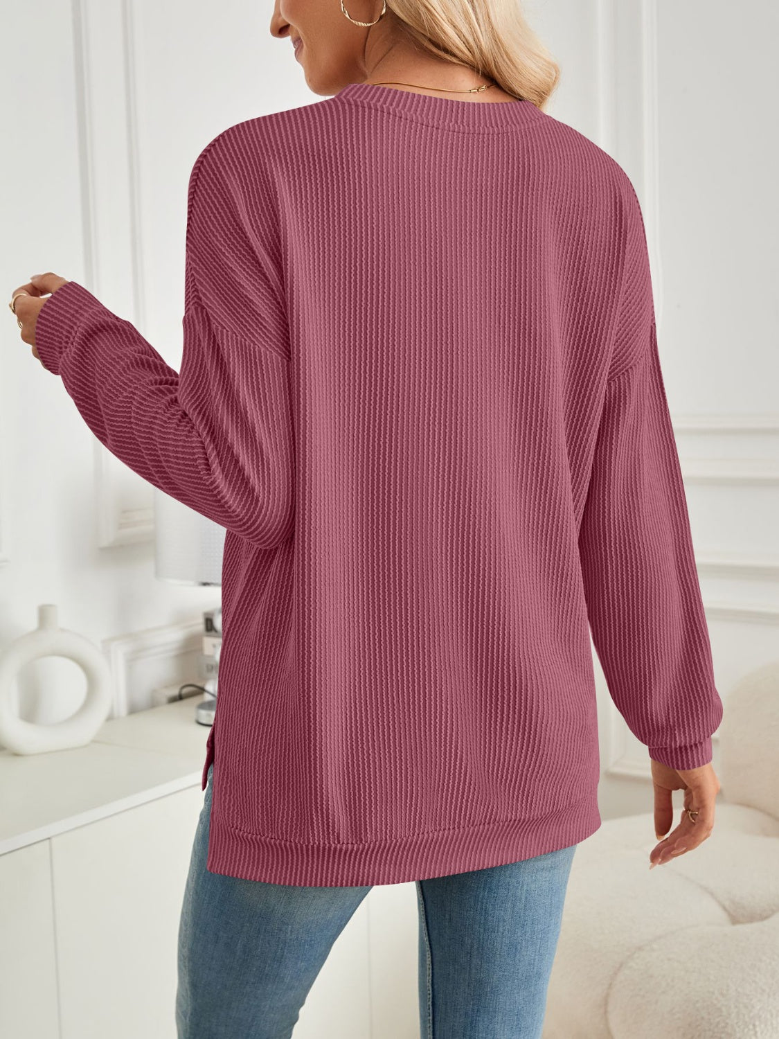 Lovelet Slit Round Neck Long Sleeve Sweatshirt - EkaVibe