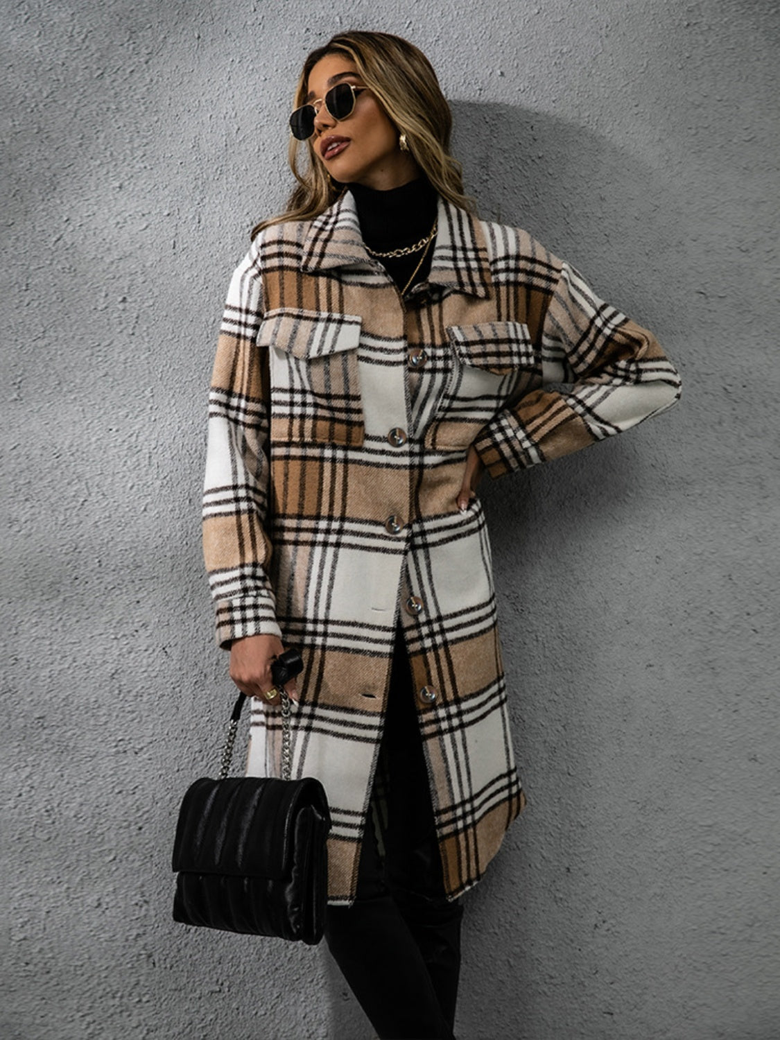 Plaid Collared Neck Long Sleeve Coat - EkaVibe