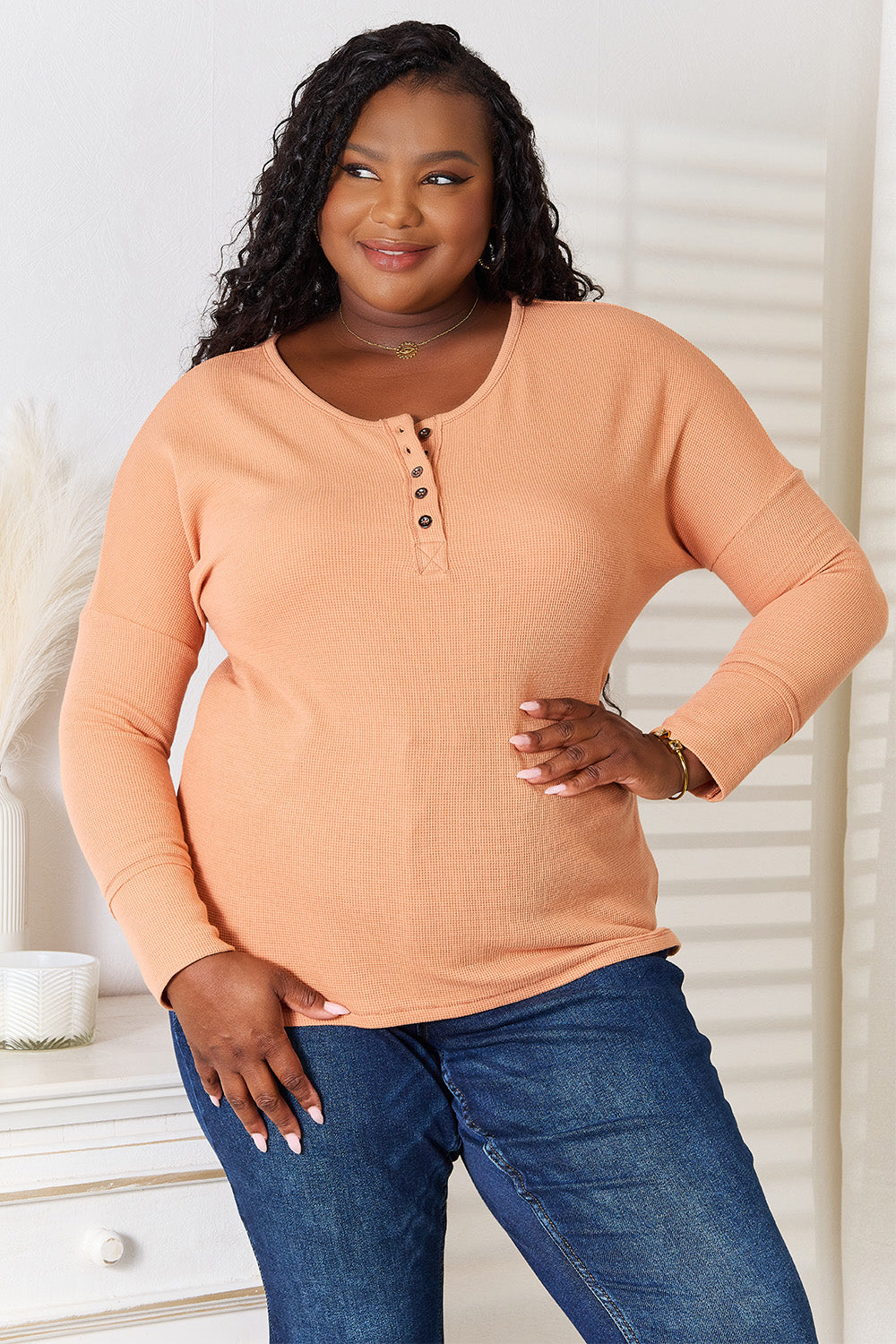 Basic Bae Half Button Long Sleeve Top - EkaVibe