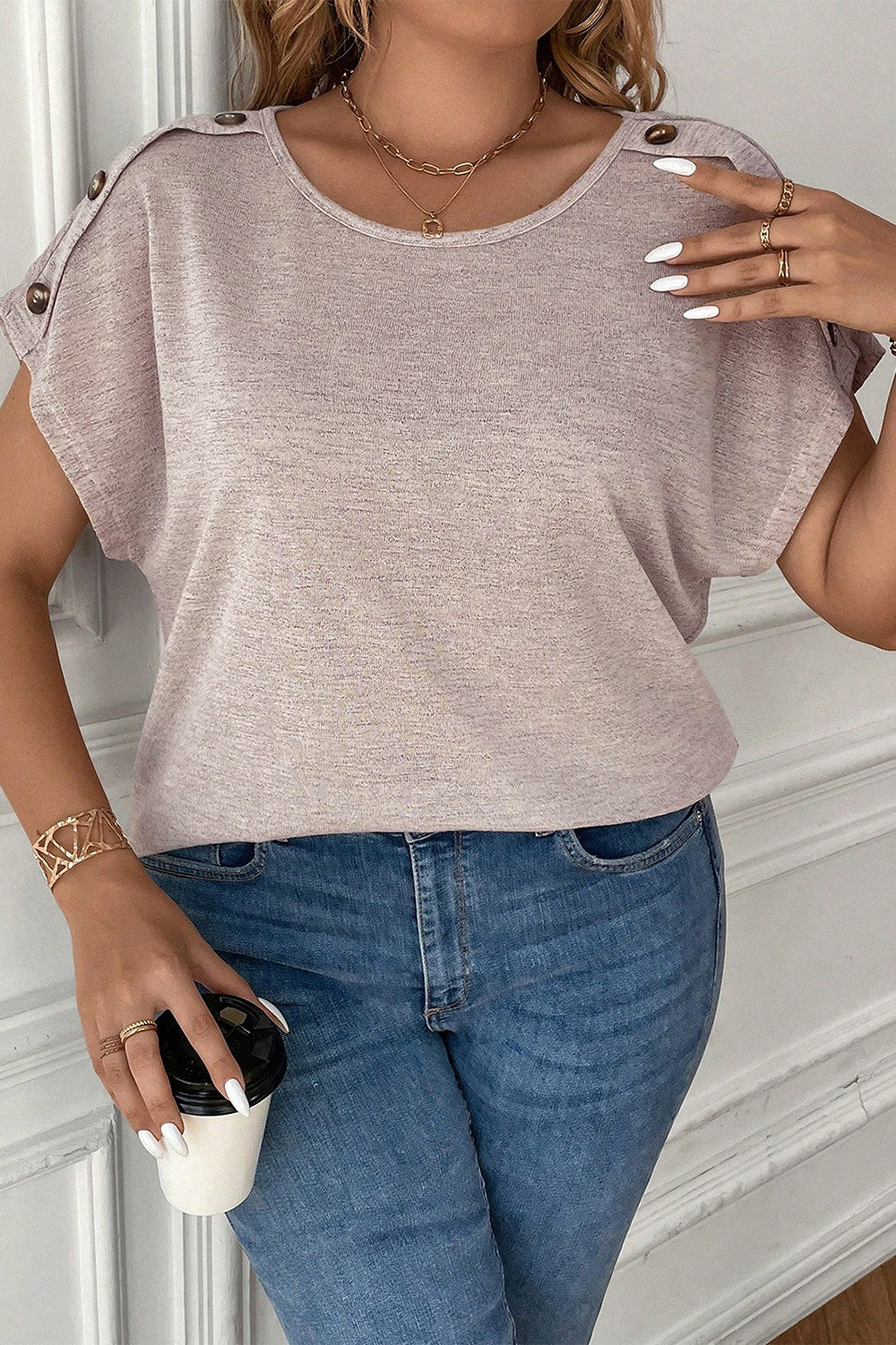 Plus Size Decorative Button Round Neck Short Sleeve T-Shirt - EkaVibe