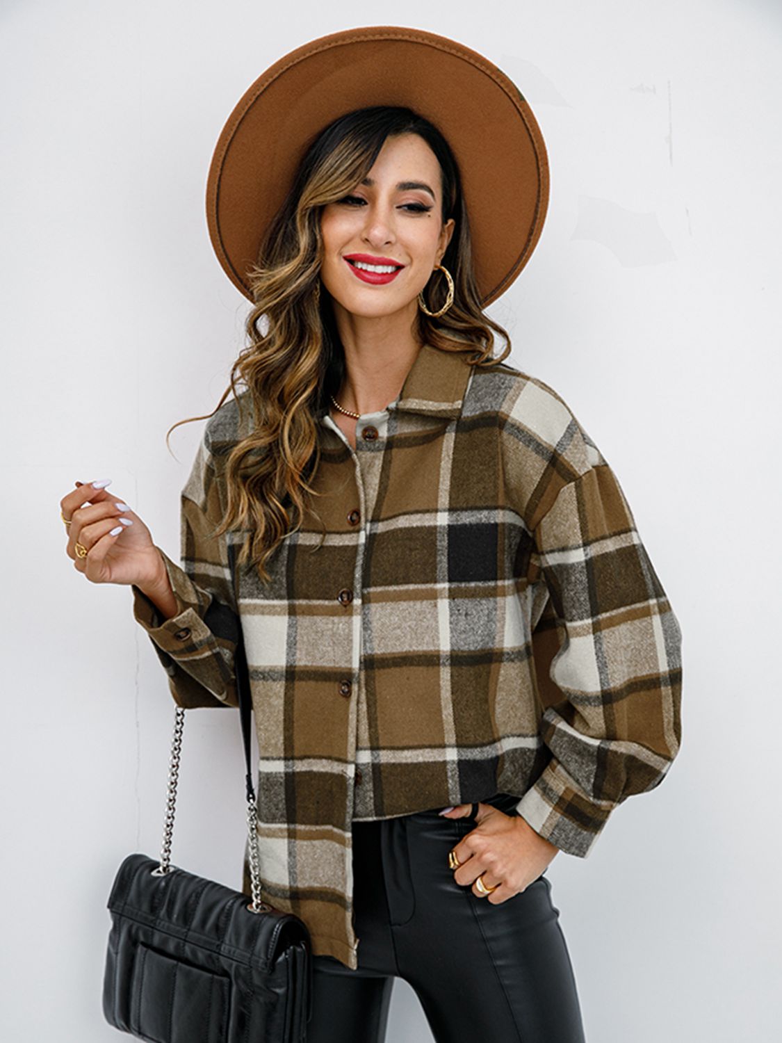 Shiny Plaid Button Up Collared Neck Jacket - EkaVibe