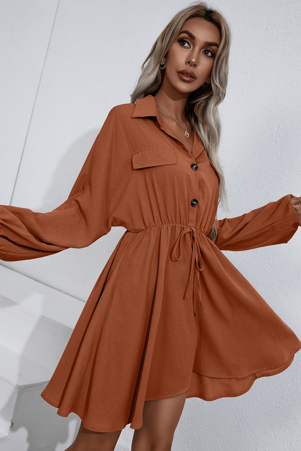 Ivy Lane Collared Tie Waist Button Up Shirt Dress - EkaVibe