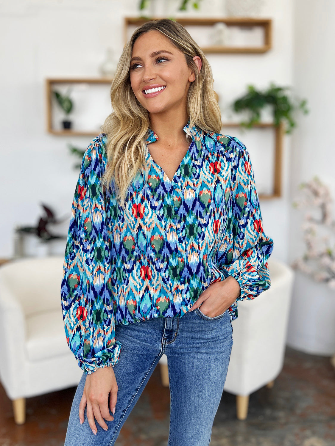 Double Take Full Size Printed Balloon Sleeve Blouse - EkaVibe