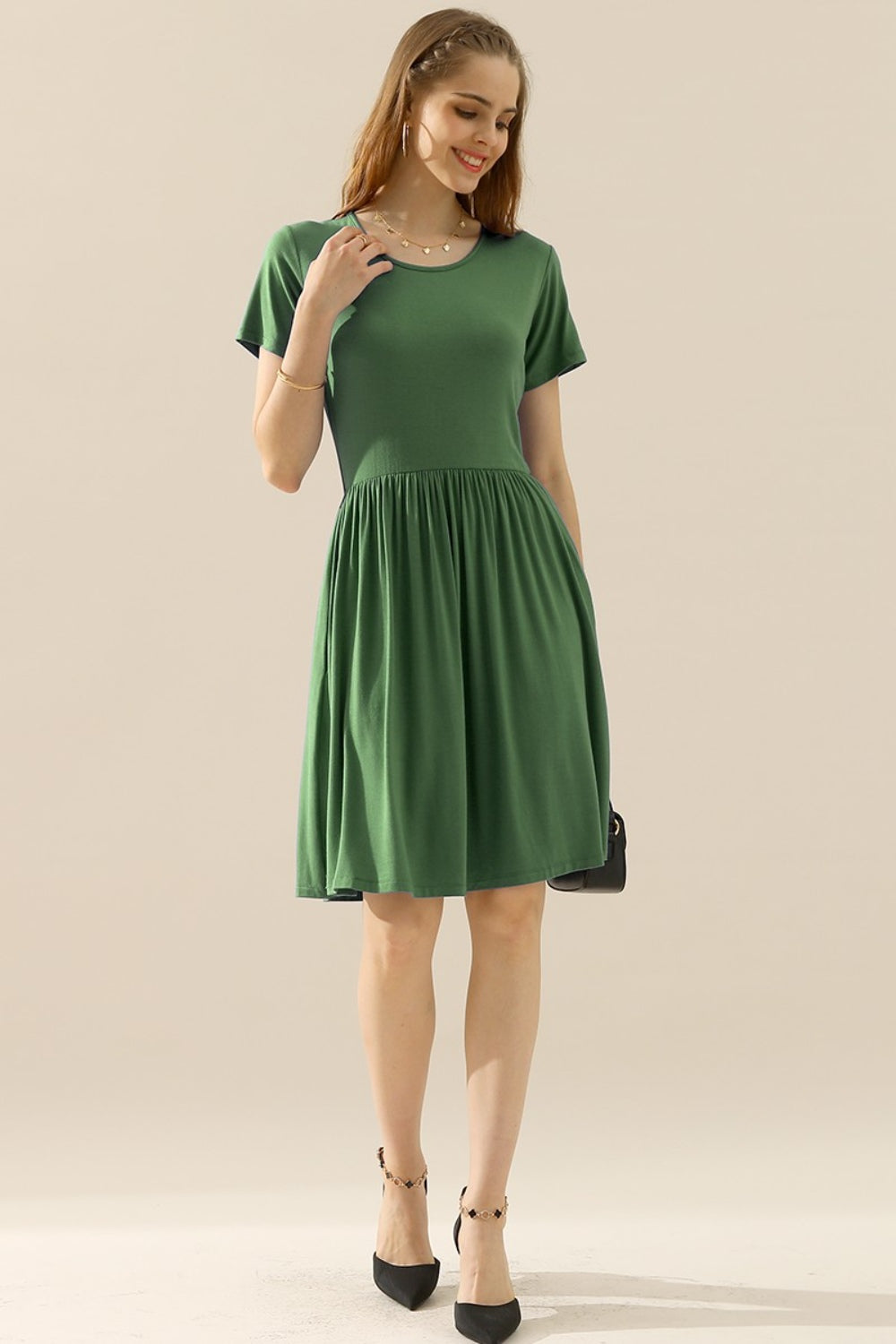 Ninexis Full Size Round Neck Ruched Dress with Pockets - EkaVibe