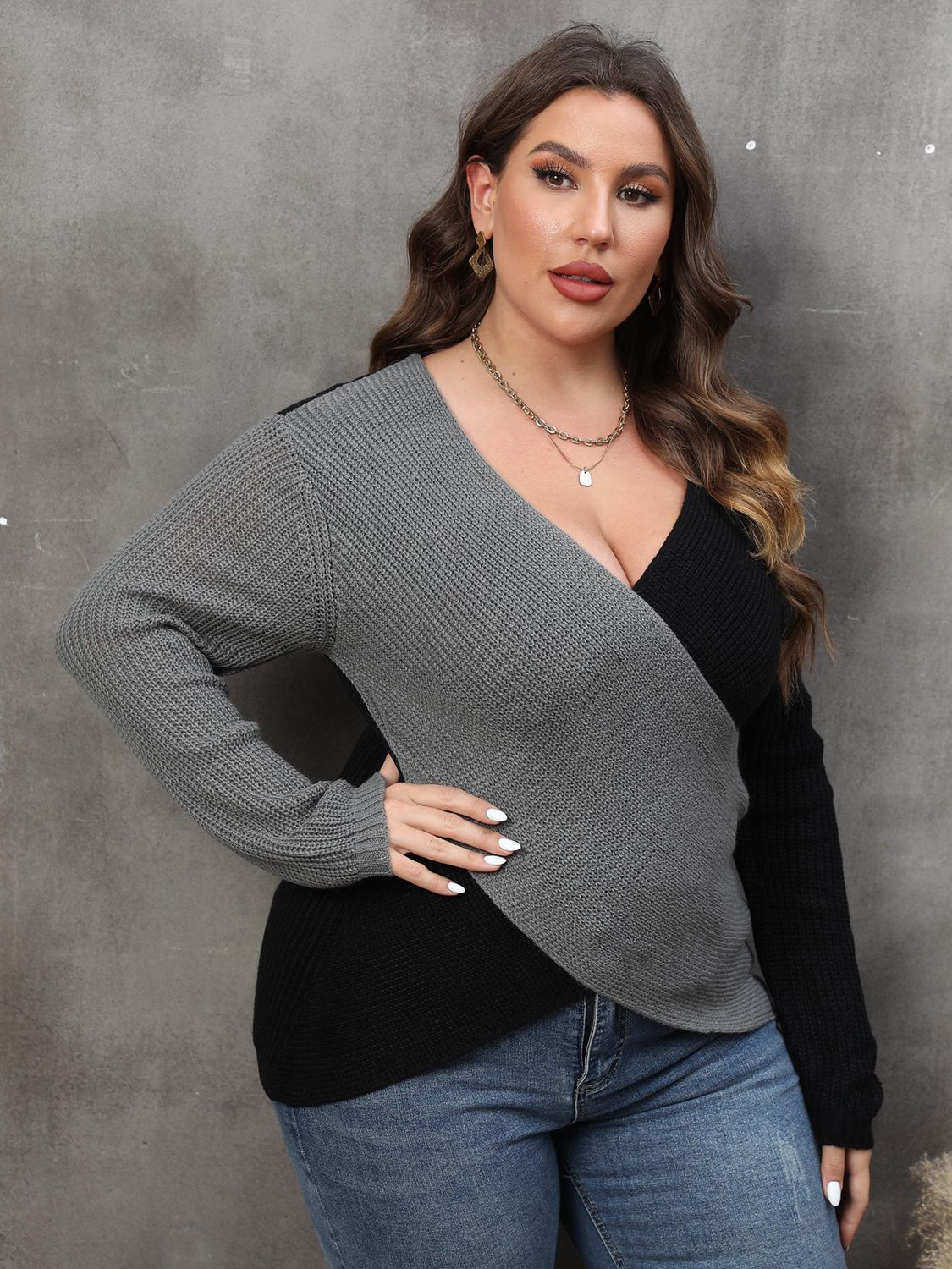 Plus Size Two-Tone Surplice Neck Sweater - EkaVibe