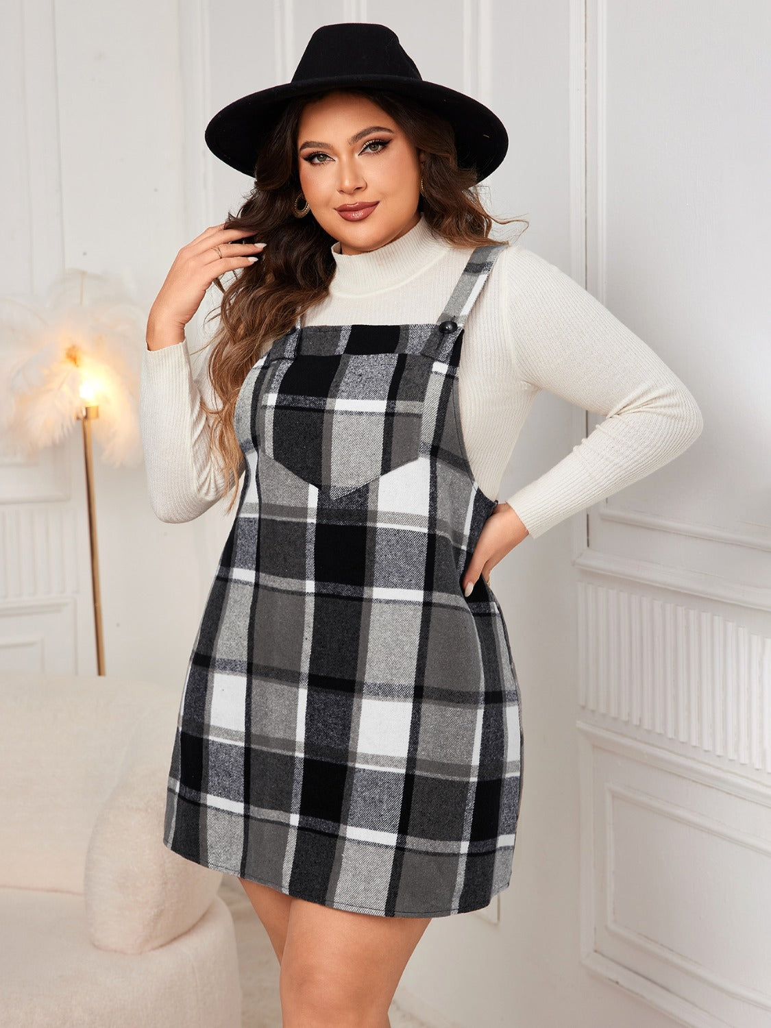 Honey Plus Size Plaid Wide Strap Overall Dress - EkaVibe