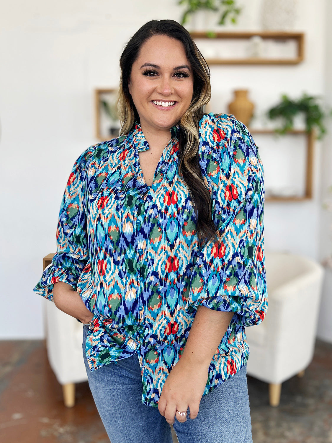 Double Take Full Size Printed Balloon Sleeve Blouse - EkaVibe