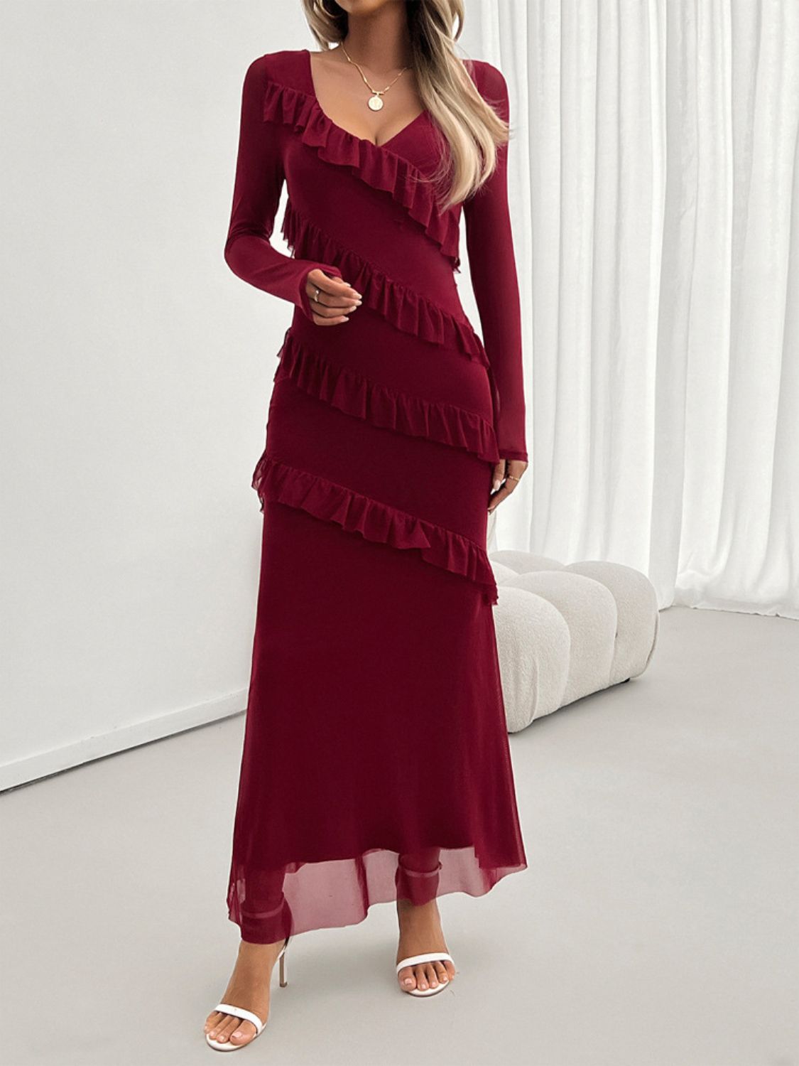 Devine Ruffled Surplice Long Sleeve Maxi Dress - EkaVibe