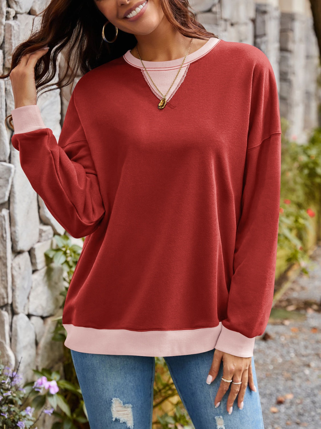 Lovelet Contrast Round Neck Long Sleeve Sweatshirt - EkaVibe