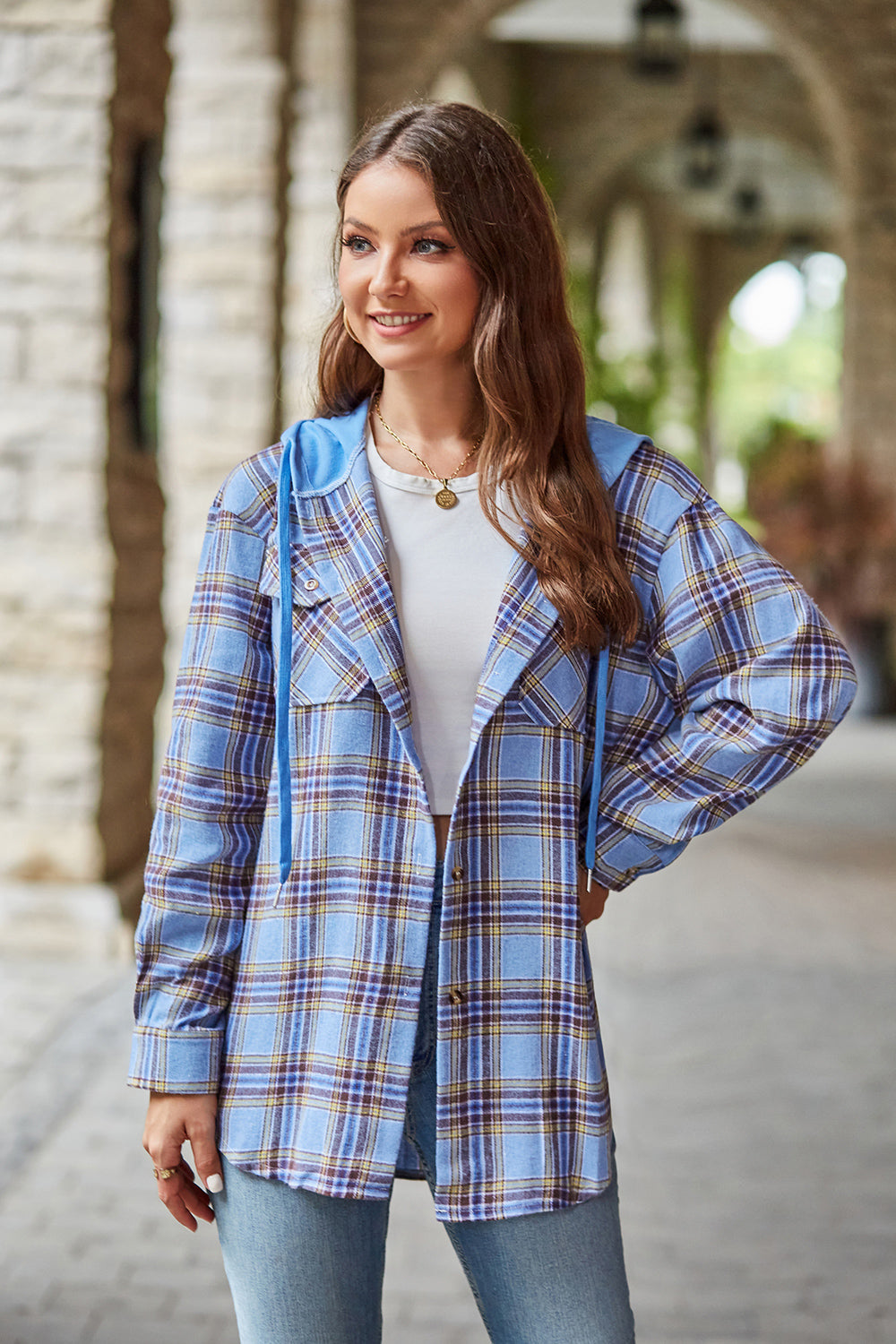 Mandy Plaid Long Sleeve Hooded Jacket - EkaVibe