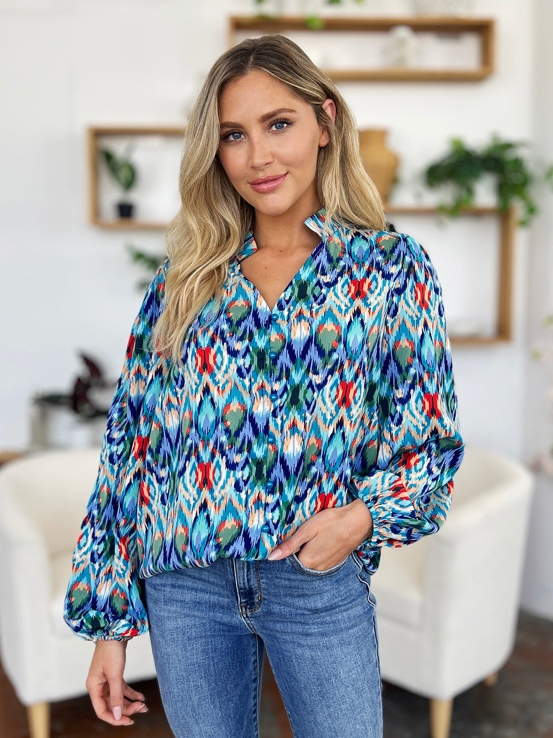 Double Take Full Size Printed Balloon Sleeve Blouse - EkaVibe