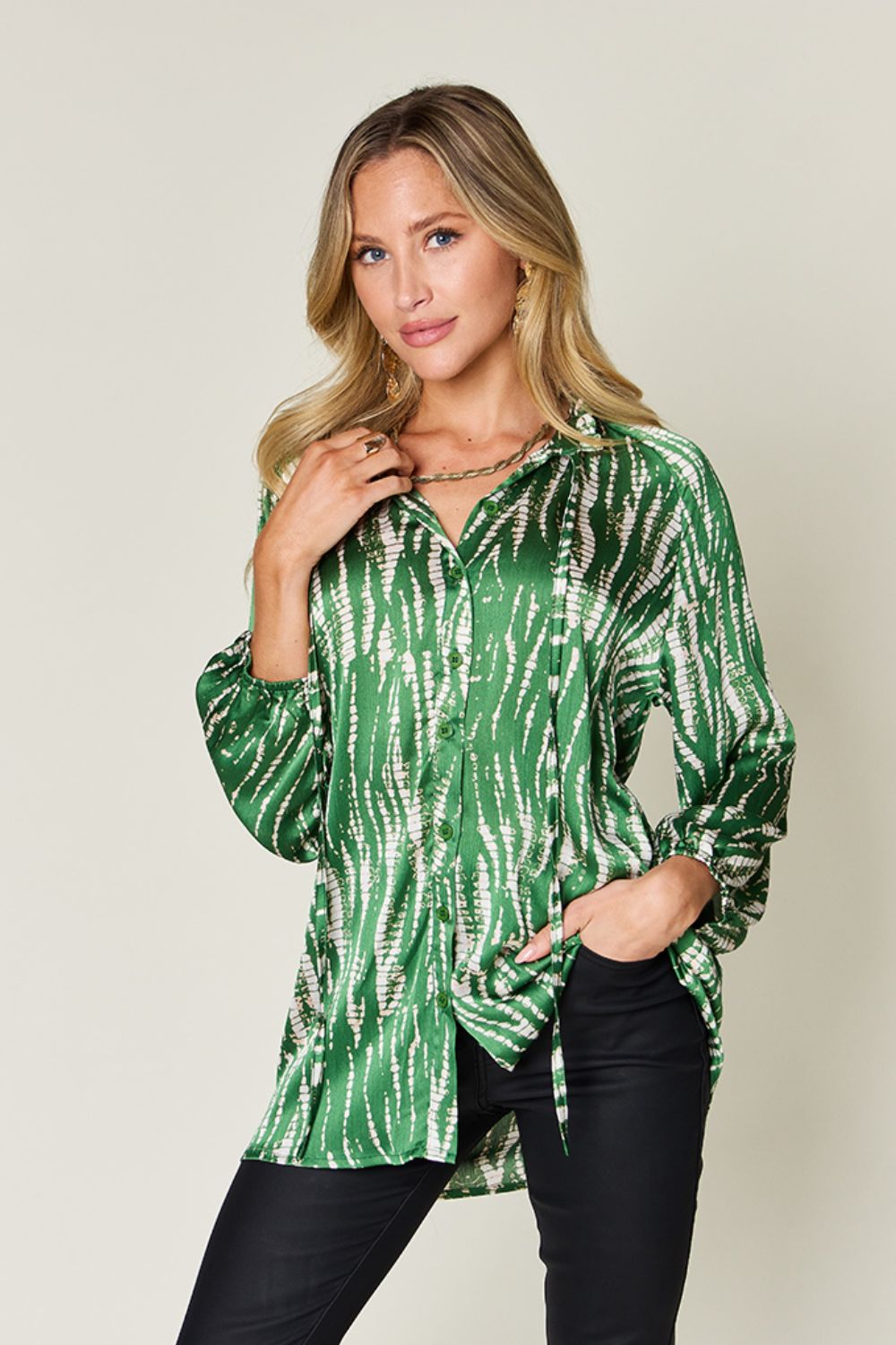 Double Take Full Size Printed Button Up Long Sleeve Shirt - EkaVibe