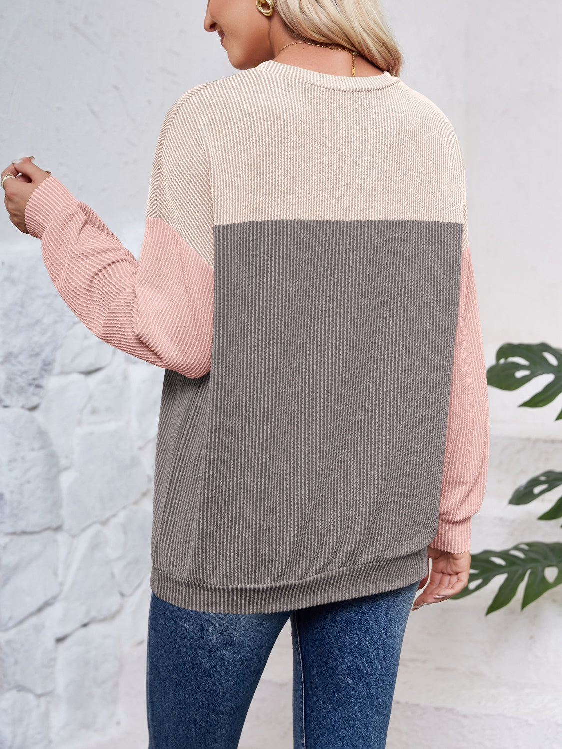 Lovelet Color Block Round Neck Long Sleeve Sweatshirt - EkaVibe