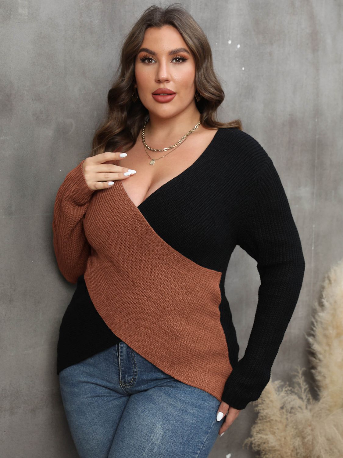 Plus Size Two-Tone Surplice Neck Sweater - EkaVibe