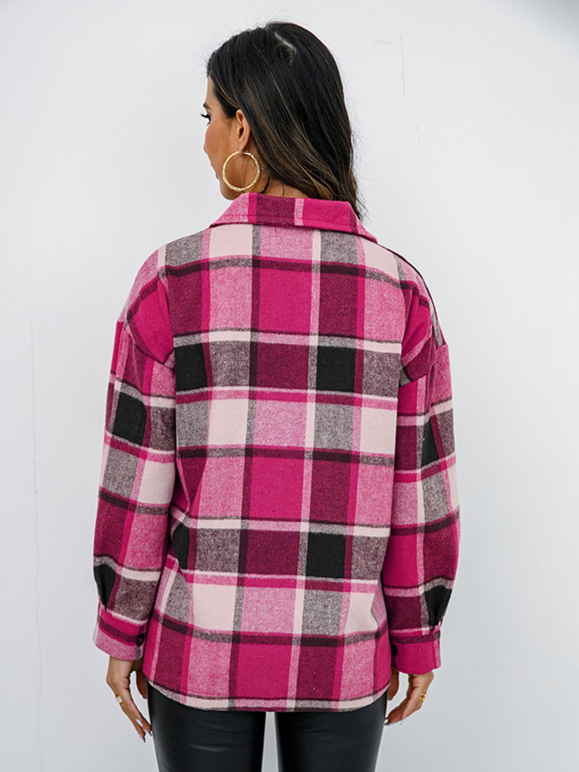 Shiny Plaid Button Up Collared Neck Jacket - EkaVibe