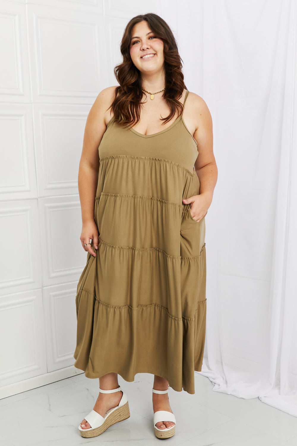 Zenana Full Size Spaghetti Strap Tiered Dress with Pockets in Khaki - EkaVibe