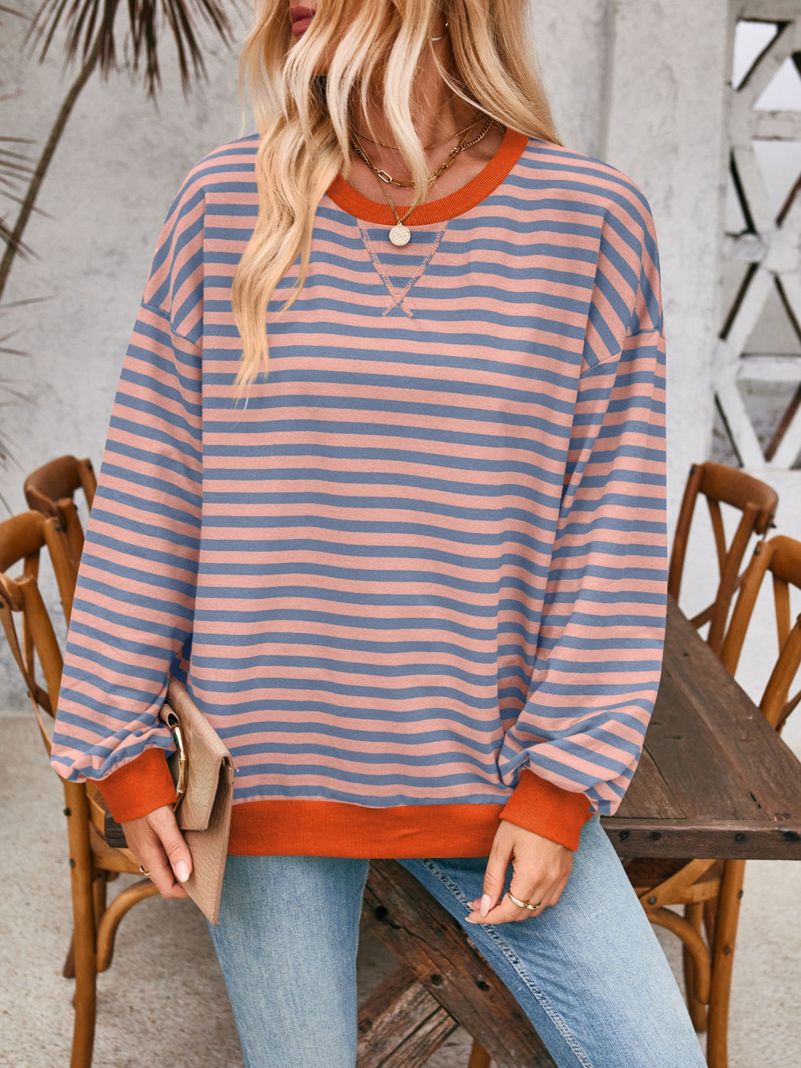 Lovelet Contrast Striped Long Sleeve Sweatshirt - EkaVibe