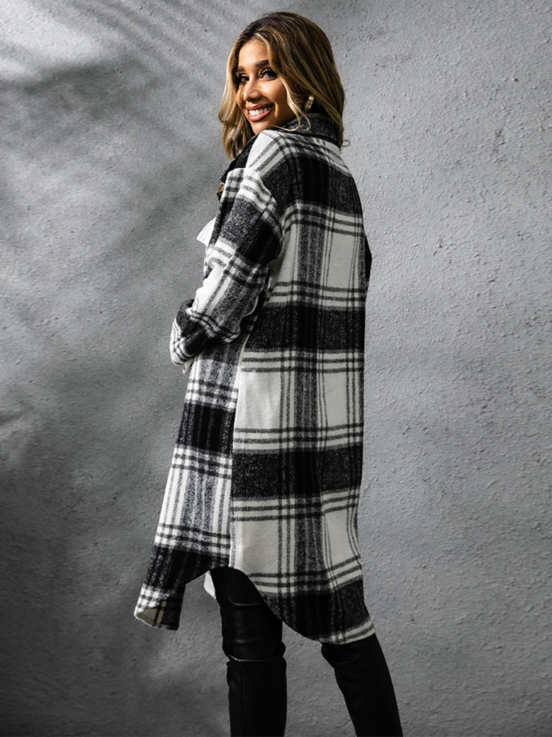 Plaid Collared Neck Long Sleeve Coat - EkaVibe