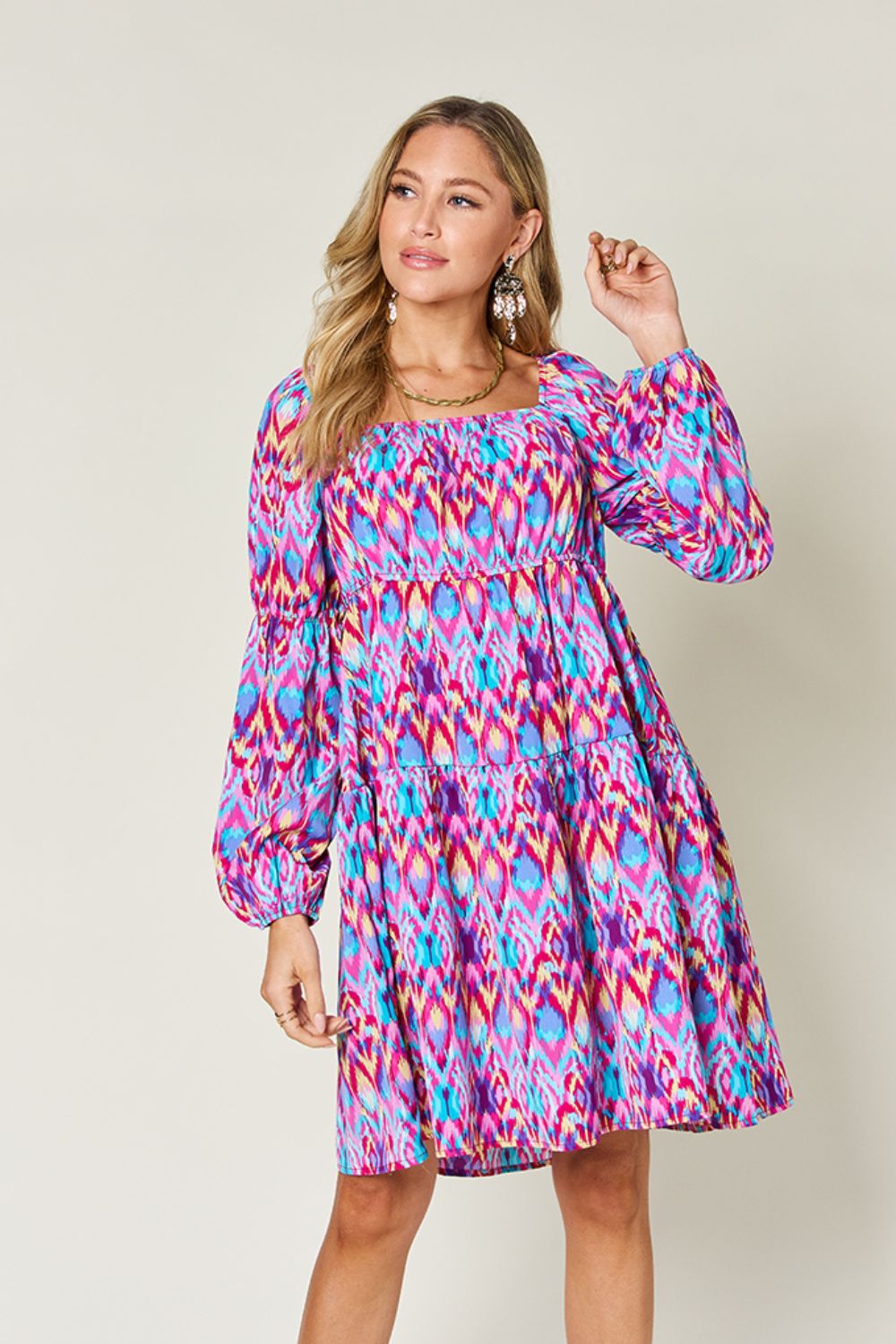 Double Take Full Size Printed Long Sleeve Dress - EkaVibe