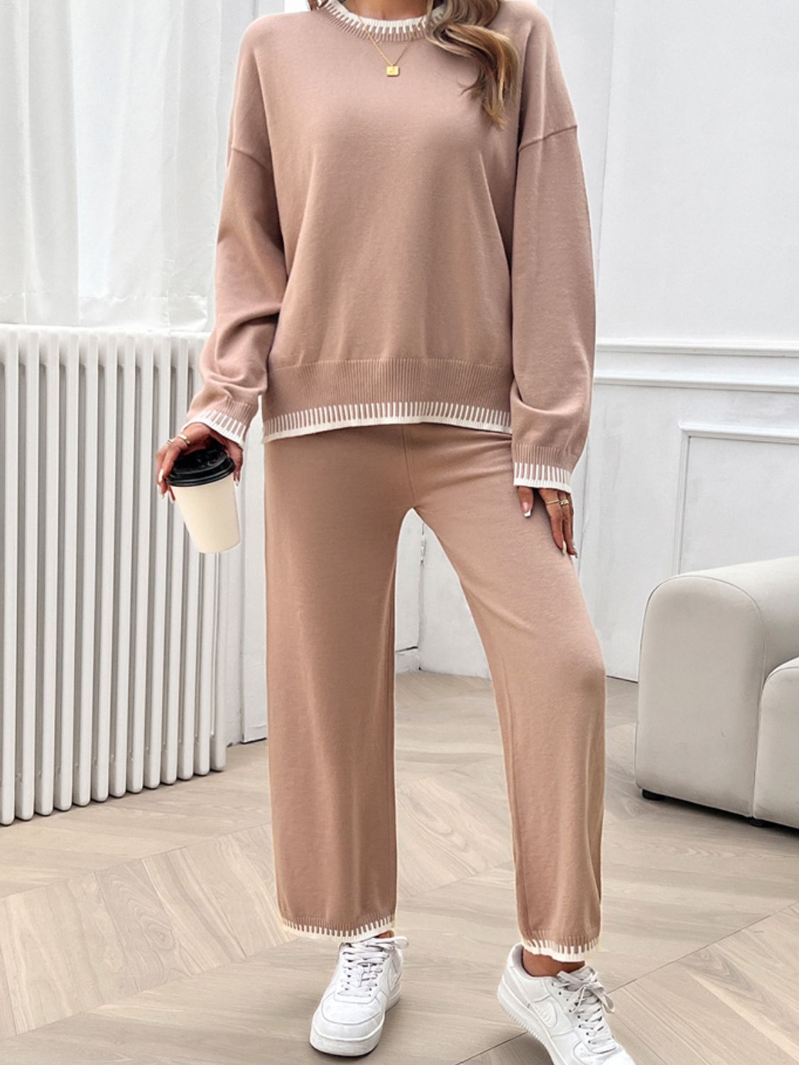 Devine Round Neck Dropped Shoulder Top and Pants Sweater Set - EkaVibe