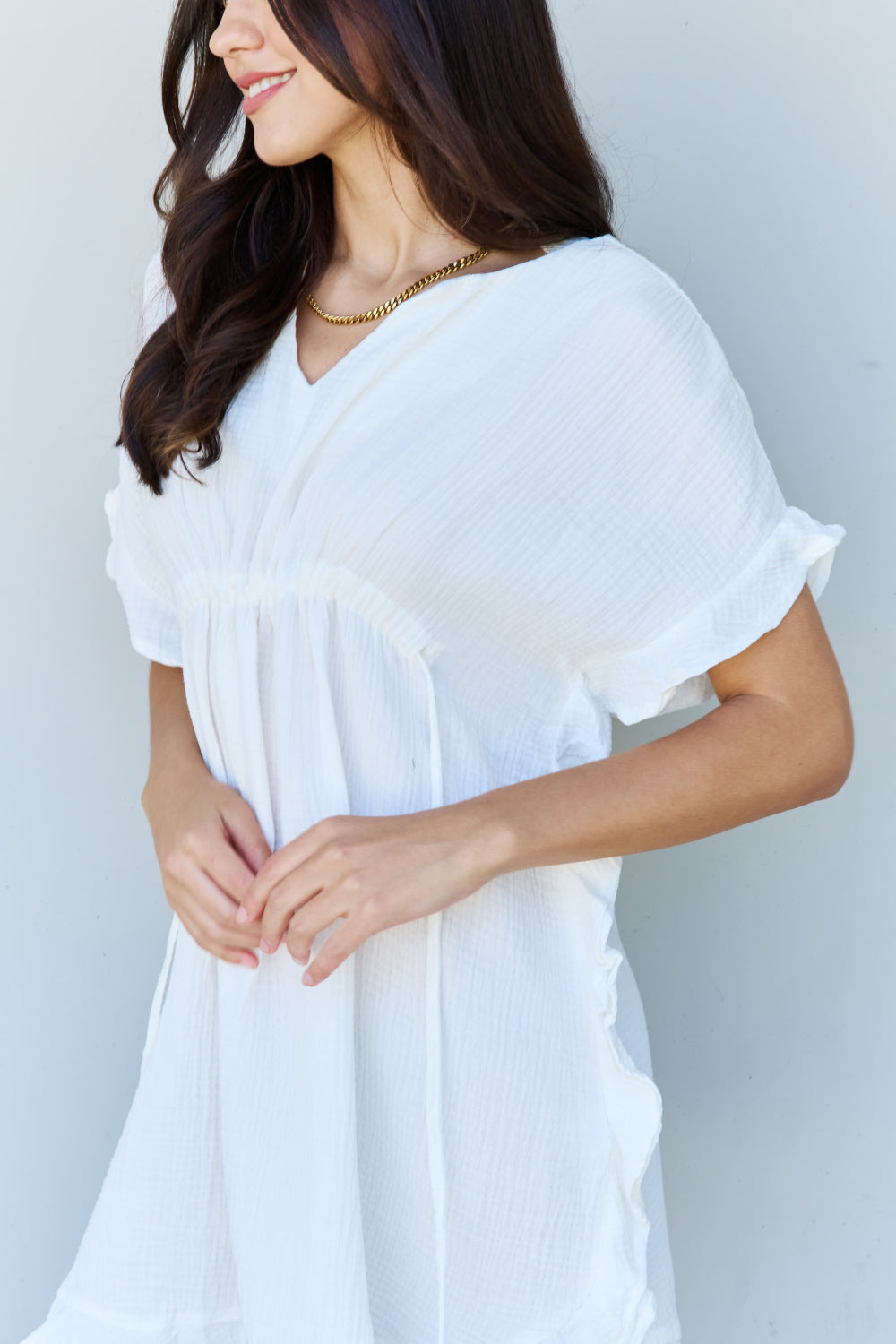 Ninexis Out Of Time Full Size Ruffle Hem Dress with Drawstring Waistband in White - EkaVibe