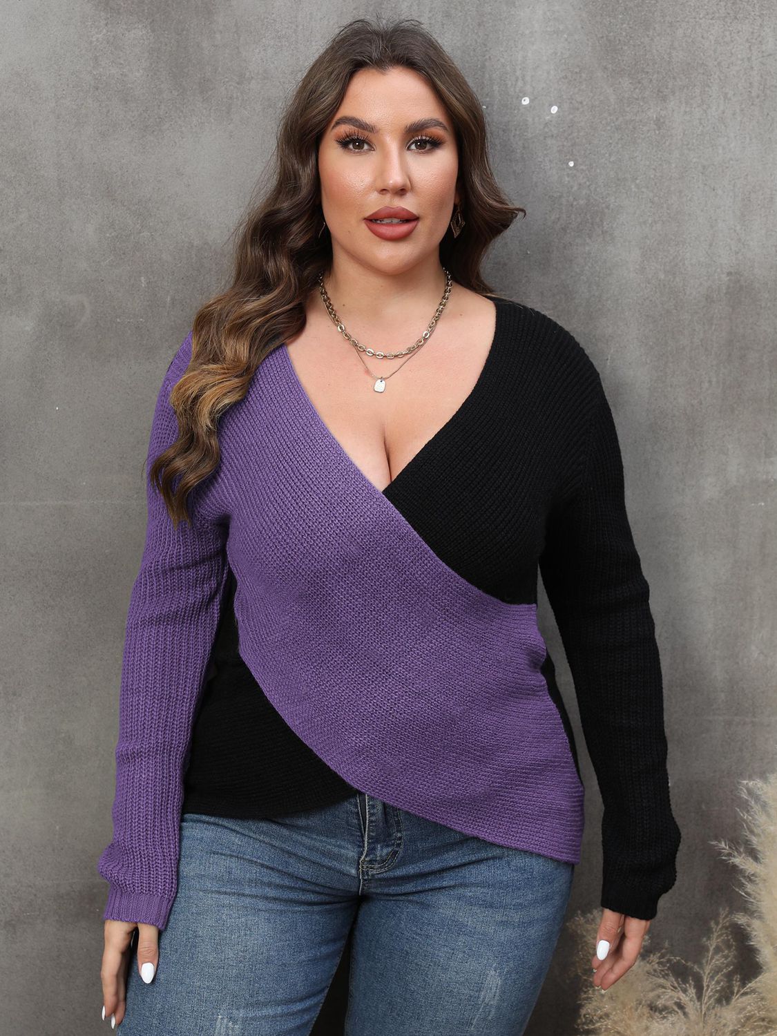 Plus Size Two-Tone Surplice Neck Sweater - EkaVibe