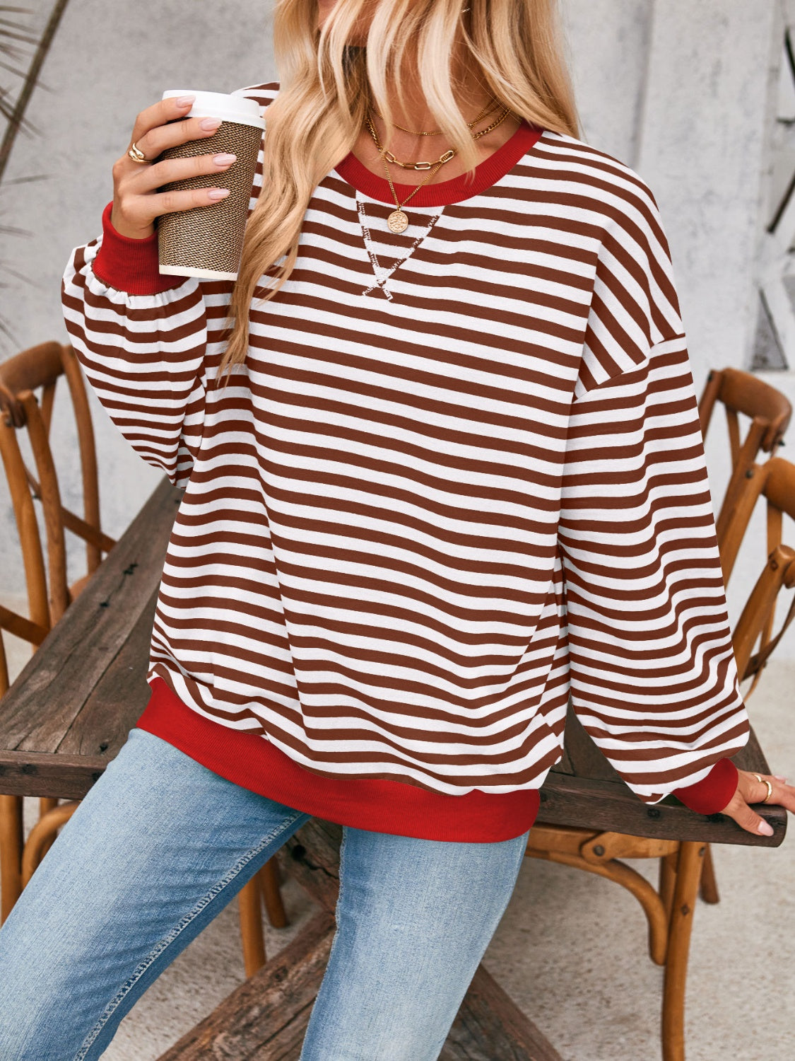 Lovelet Contrast Striped Long Sleeve Sweatshirt - EkaVibe