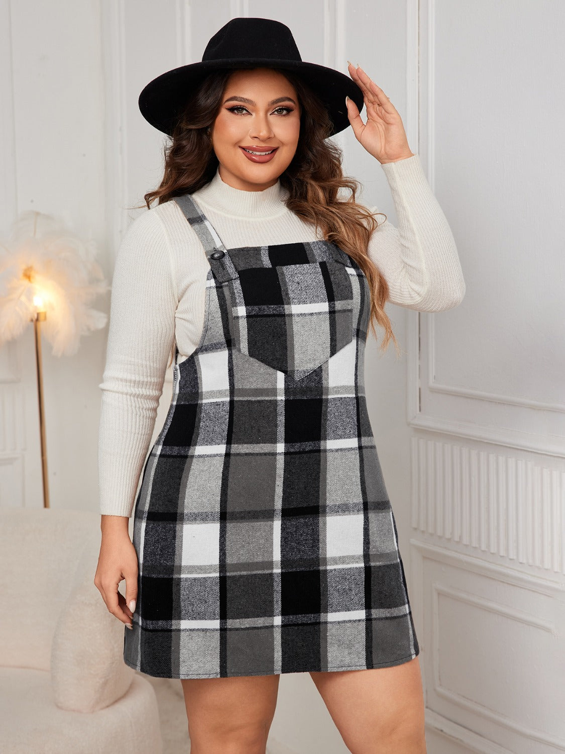 Honey Plus Size Plaid Wide Strap Overall Dress - EkaVibe