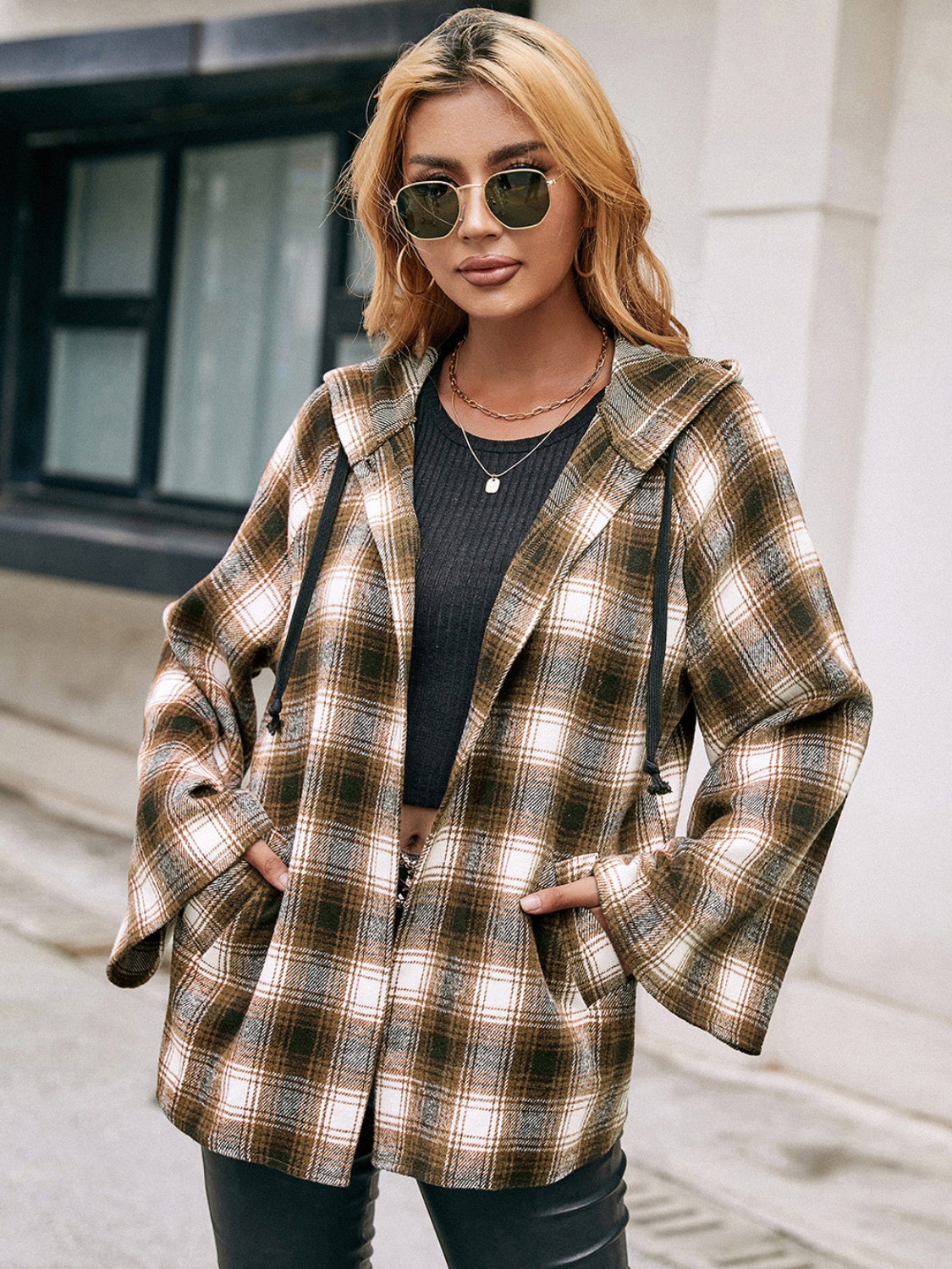 Ivy Lane Pocketed Plaid Long Sleeve Hooded Jacket - EkaVibe