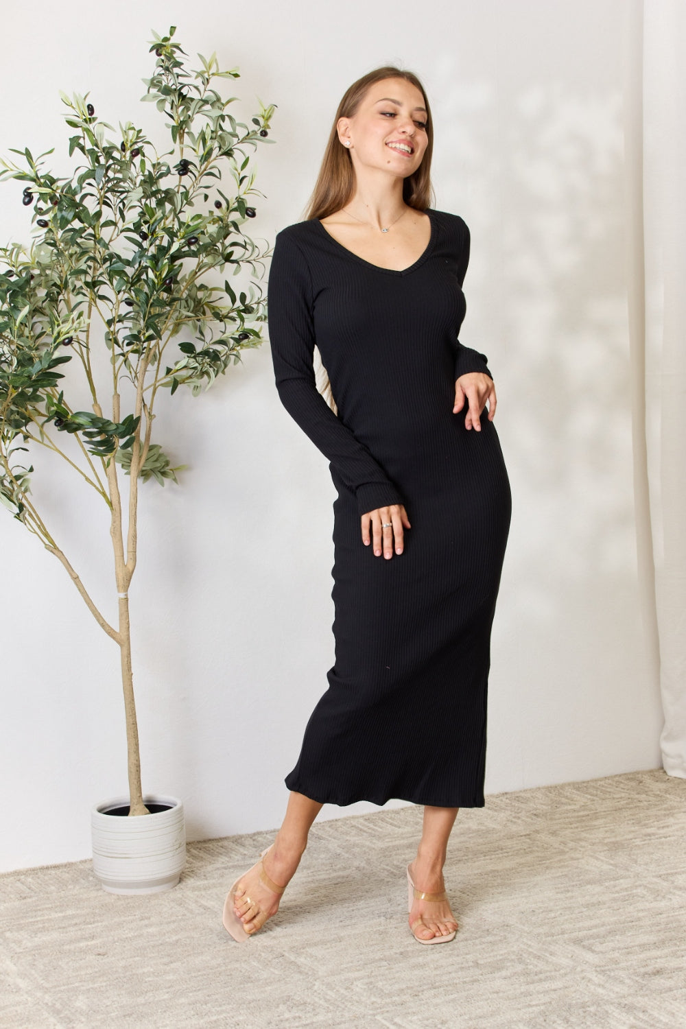 Culture Code Full Size Ribbed Long Sleeve Midi Slit Dress - EkaVibe