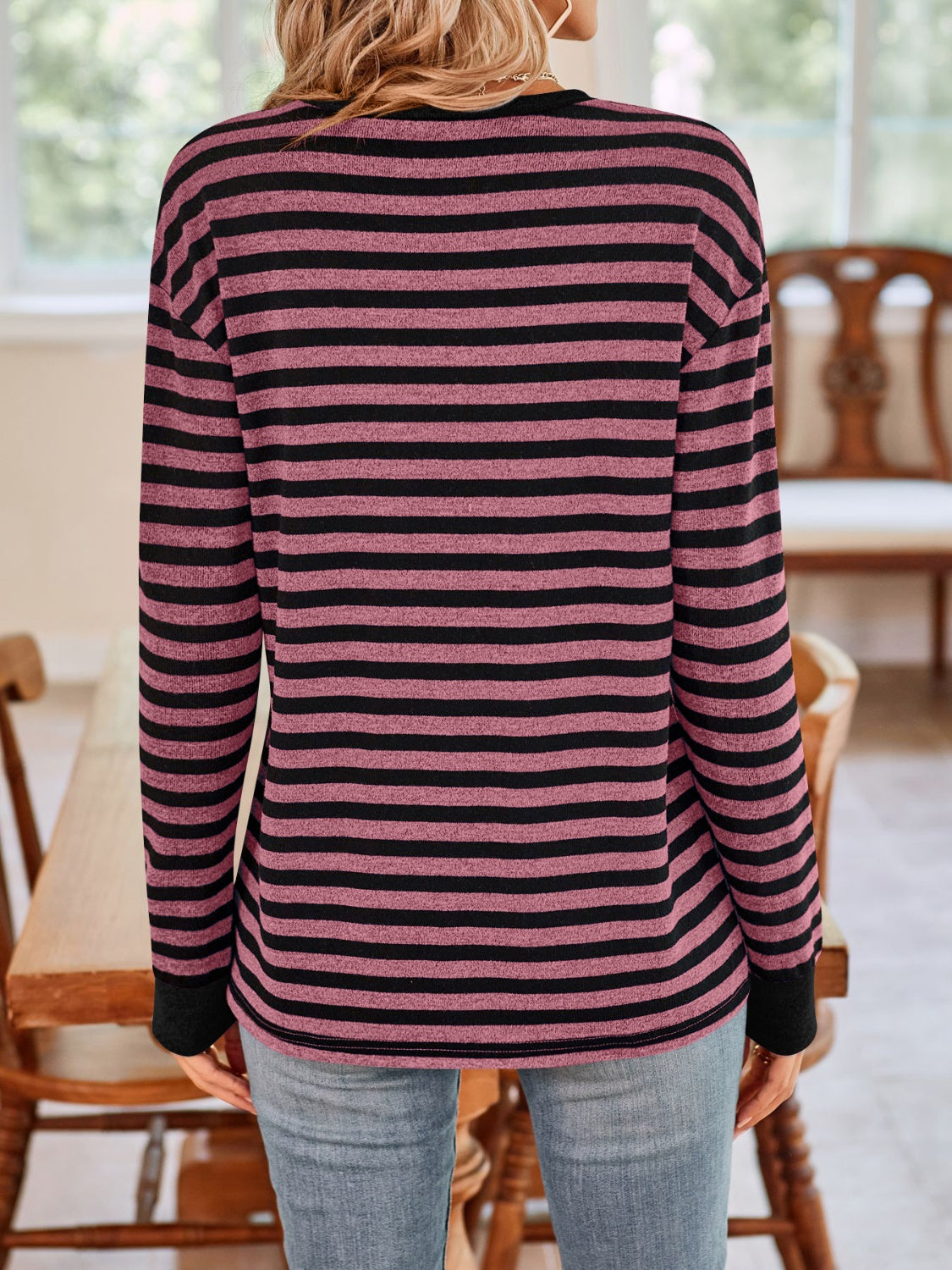 Lovelet Striped Round Neck Long Sleeve T-Shirt - EkaVibe