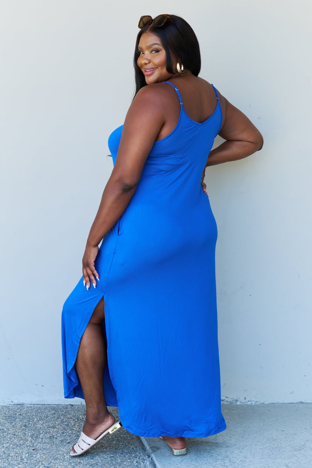 Ninexis Good Energy Full Size Cami Side Slit Maxi Dress in Royal Blue - EkaVibe