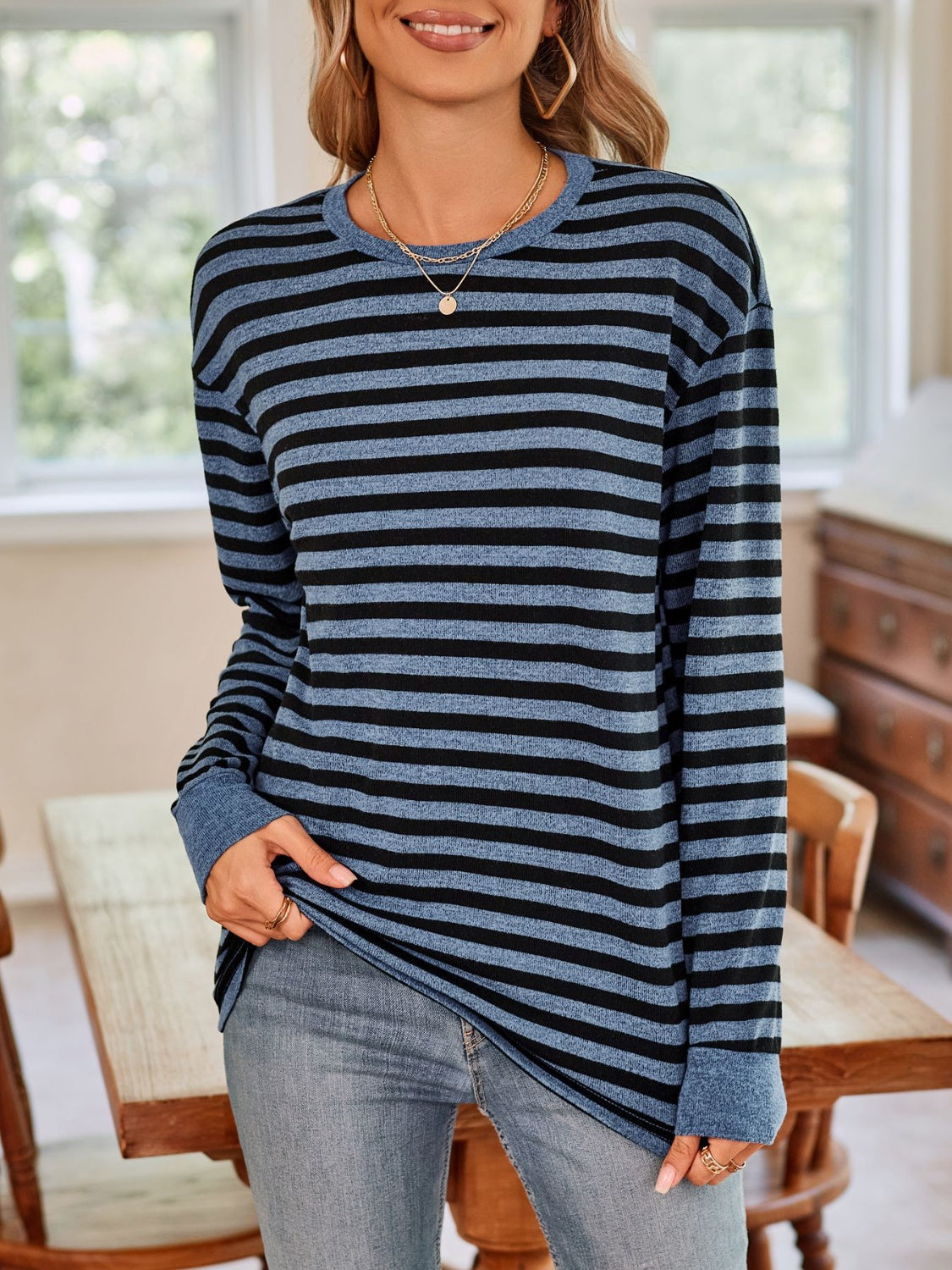 Lovelet Striped Round Neck Long Sleeve T-Shirt - EkaVibe