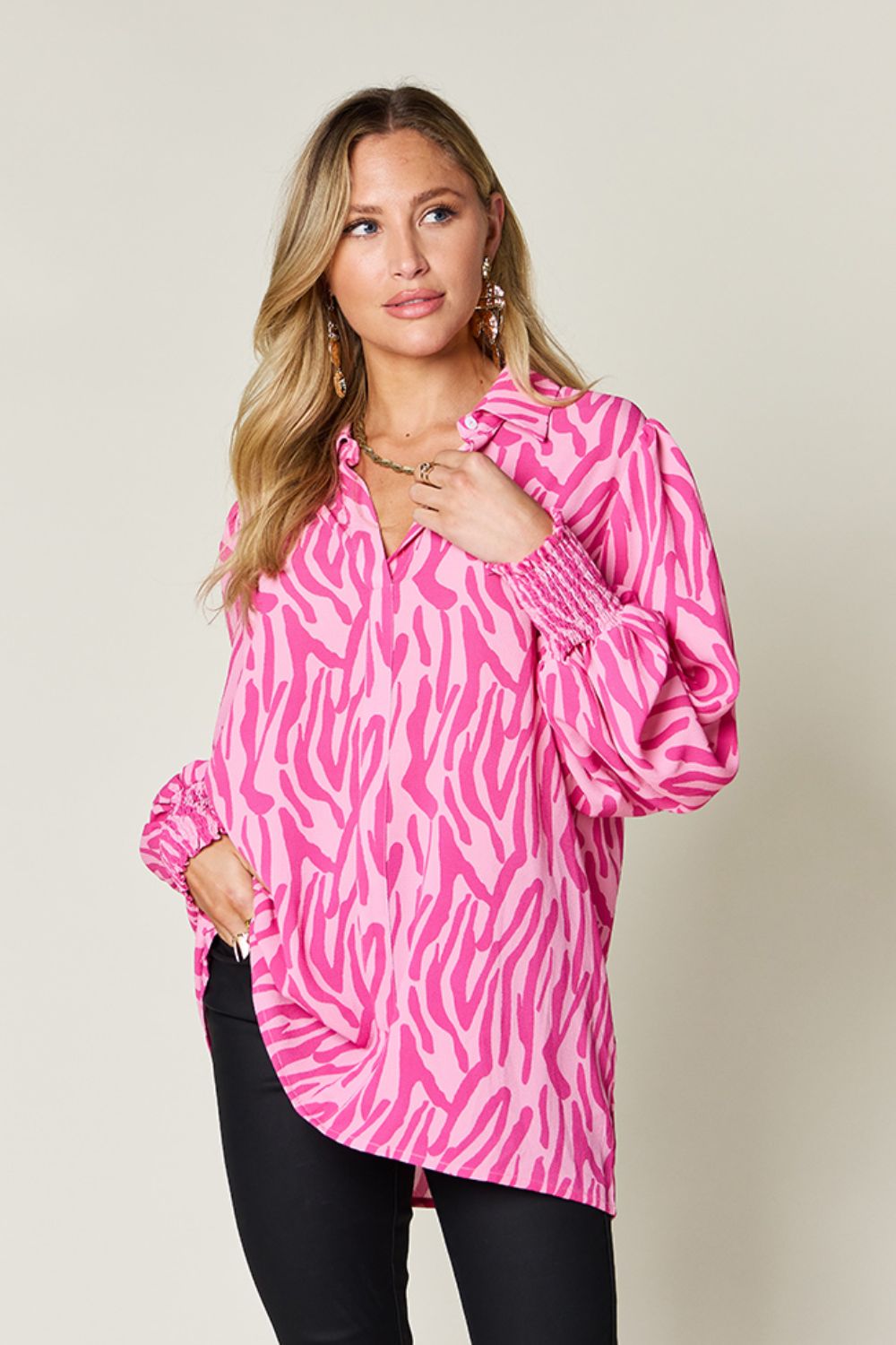 Double Take Full Size Printed Smocked Long Sleeve Blouse - EkaVibe