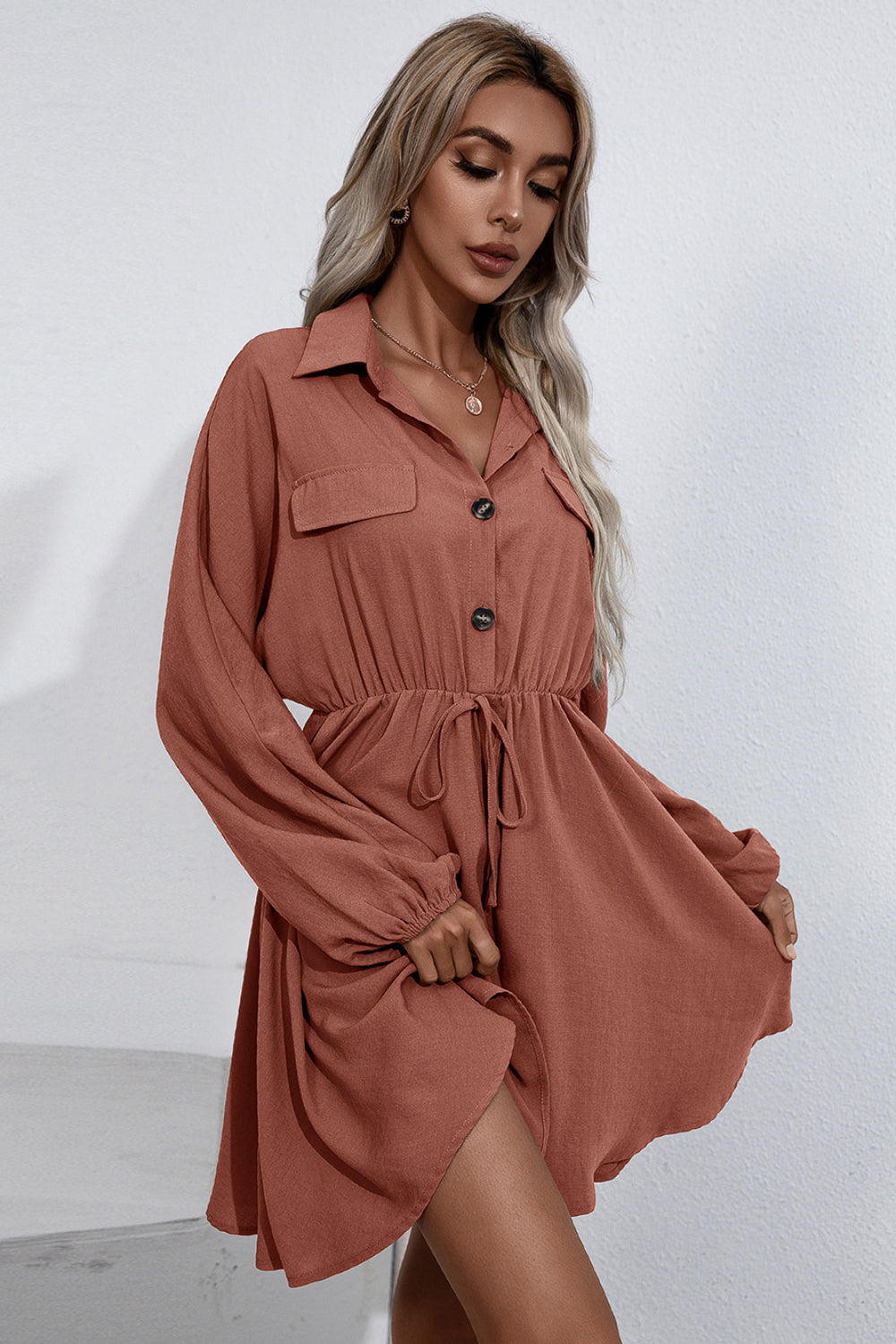 Ivy Lane Collared Tie Waist Button Up Shirt Dress - EkaVibe