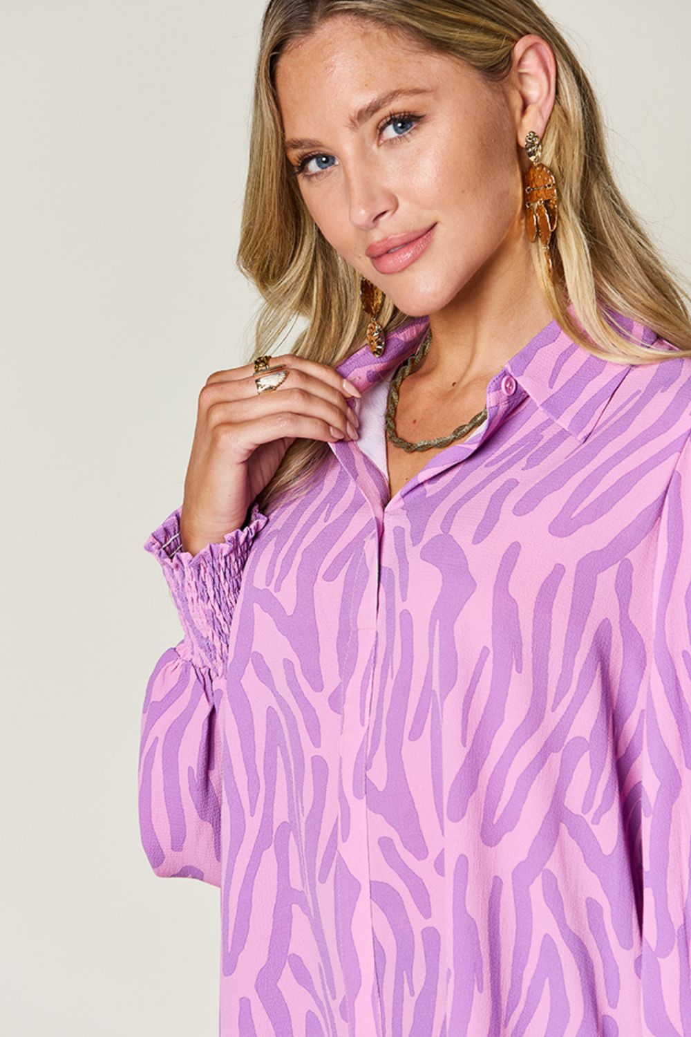 Double Take Full Size Printed Smocked Long Sleeve Blouse - EkaVibe