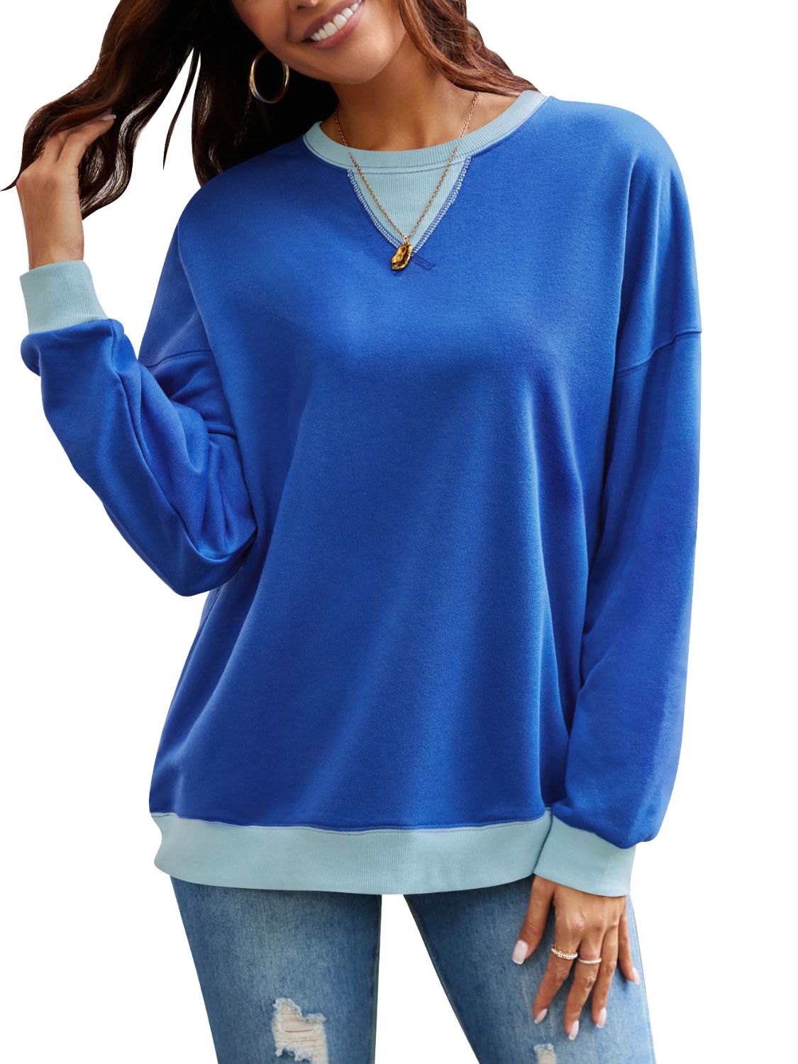 Lovelet Contrast Round Neck Long Sleeve Sweatshirt - EkaVibe