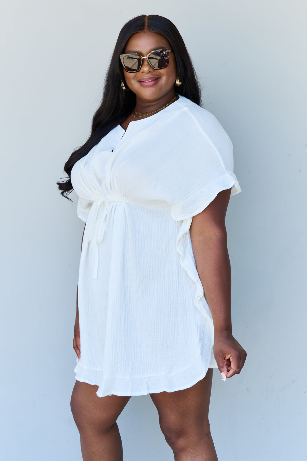 Ninexis Out Of Time Full Size Ruffle Hem Dress with Drawstring Waistband in White - EkaVibe