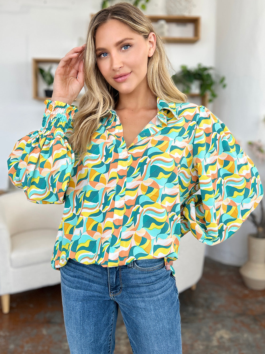 Double Take Full Size Printed Smocked Long Sleeve Blouse - EkaVibe