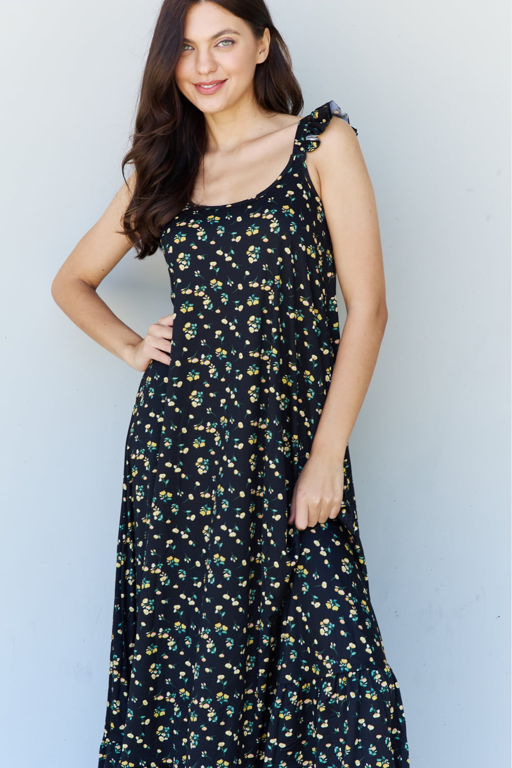 Doublju In The Garden Ruffle Floral Maxi Dress in  Black Yellow Floral - EkaVibe